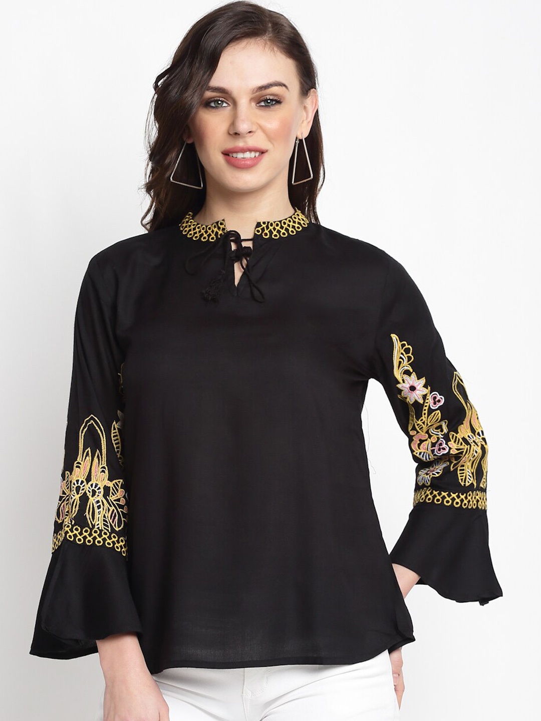 

Miaz Lifestyle Black Floral Embroidered Bell Sleeves A-line Top