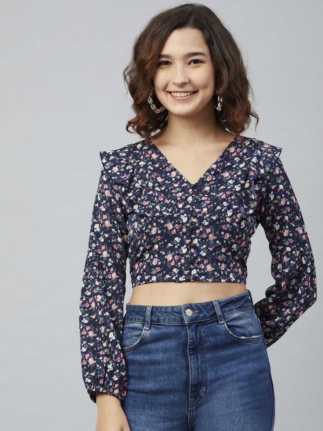 

Rare Navy Blue Floral Printed Puff Sleeves Crepe Wrap Crop Top