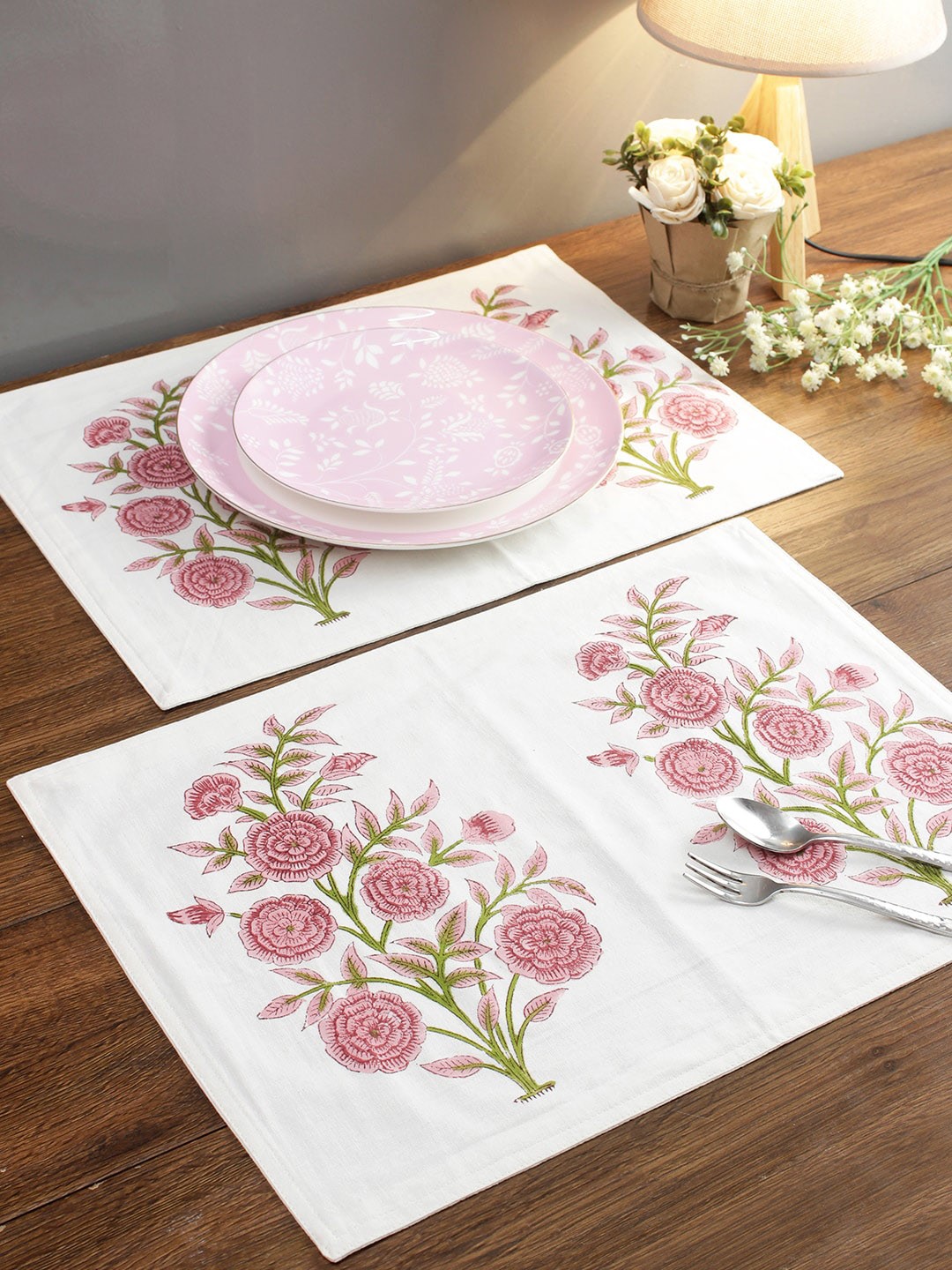 

Rajasthan Decor Set Of 6 White & Pink Floral Printed Sustainable Table Placemats