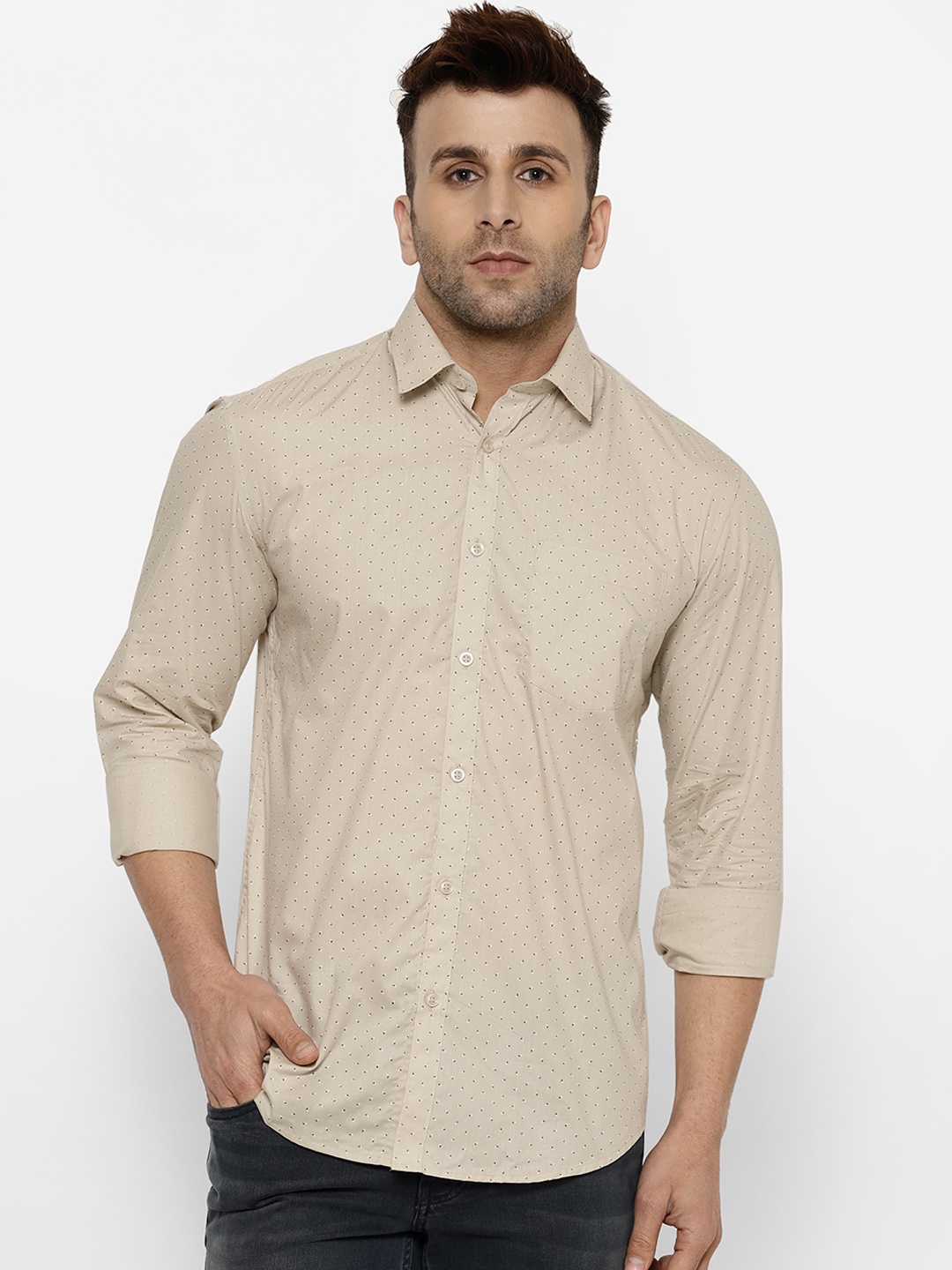 

cape canary Men Beige Regular Fit Printed Casual Shirt