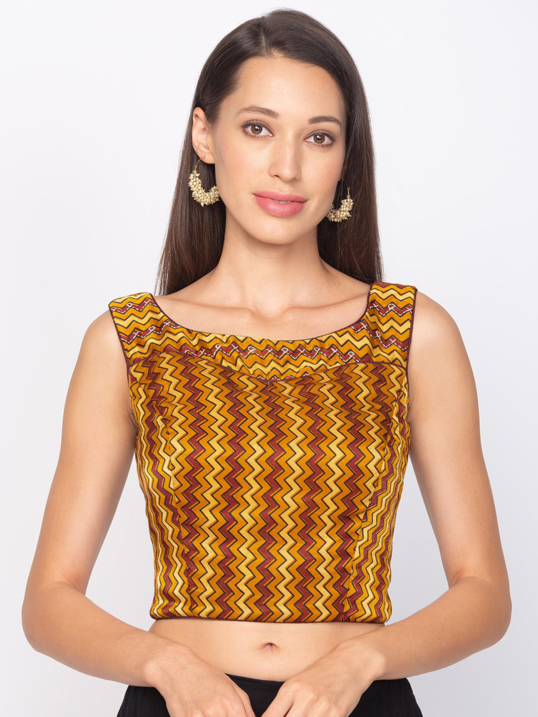 

Salwar Studio Mustard & Maroon Geometric Printed Fitted Crop Top