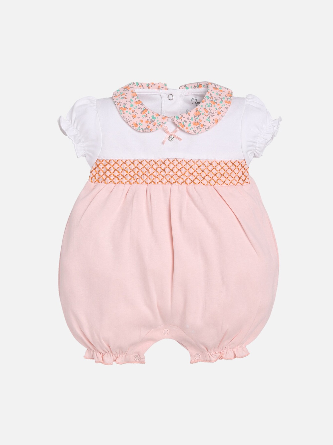 

BABY GO Infants Kids White & Peach-Coloured Colourblocked Romper