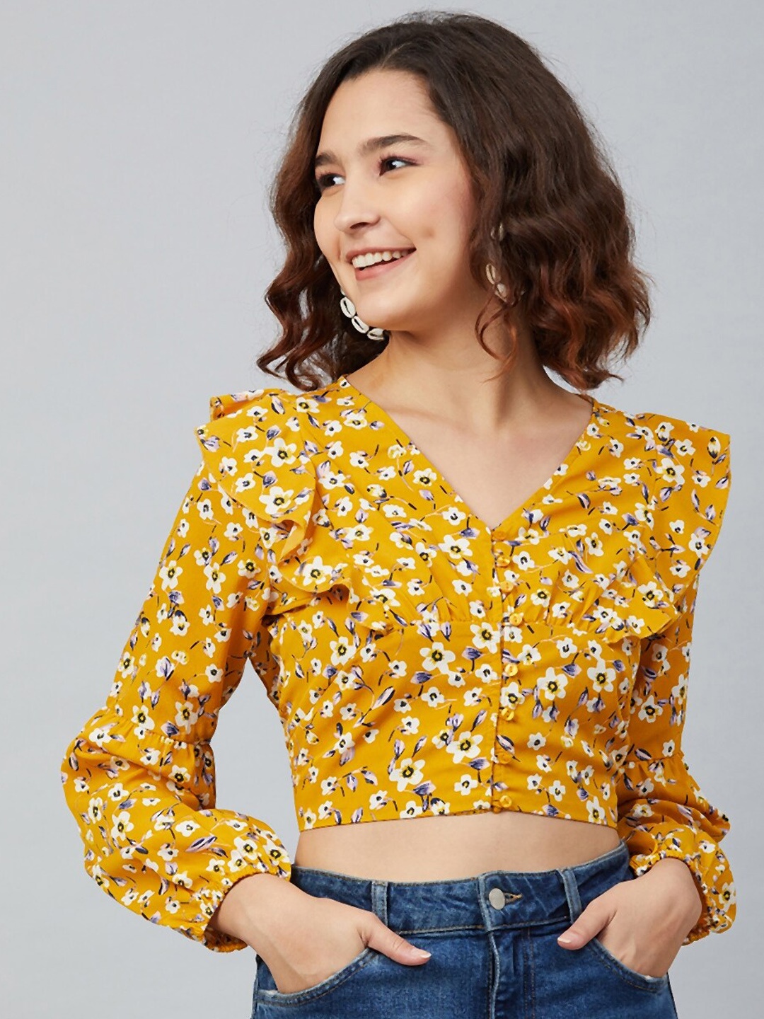 

Marie Claire Mustard Yellow & White Floral Printed Crepe Shirt Style Crop Top