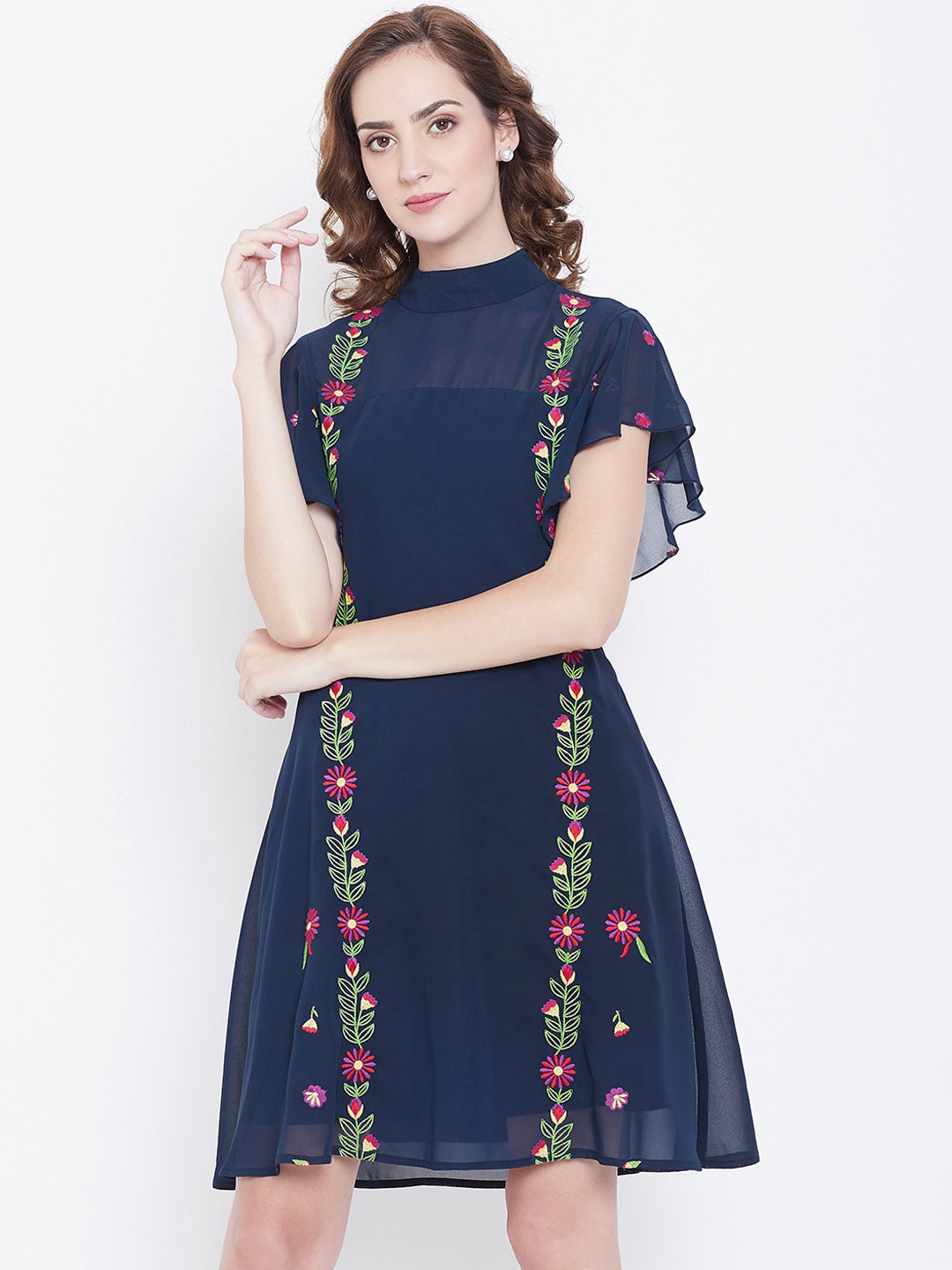 

DODO & MOA Women Navy Blue Embroidered A-Line Dress