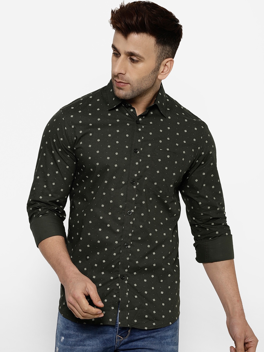 

cape canary Men Green & Off-White Regular Fit Printed Casual Shirt