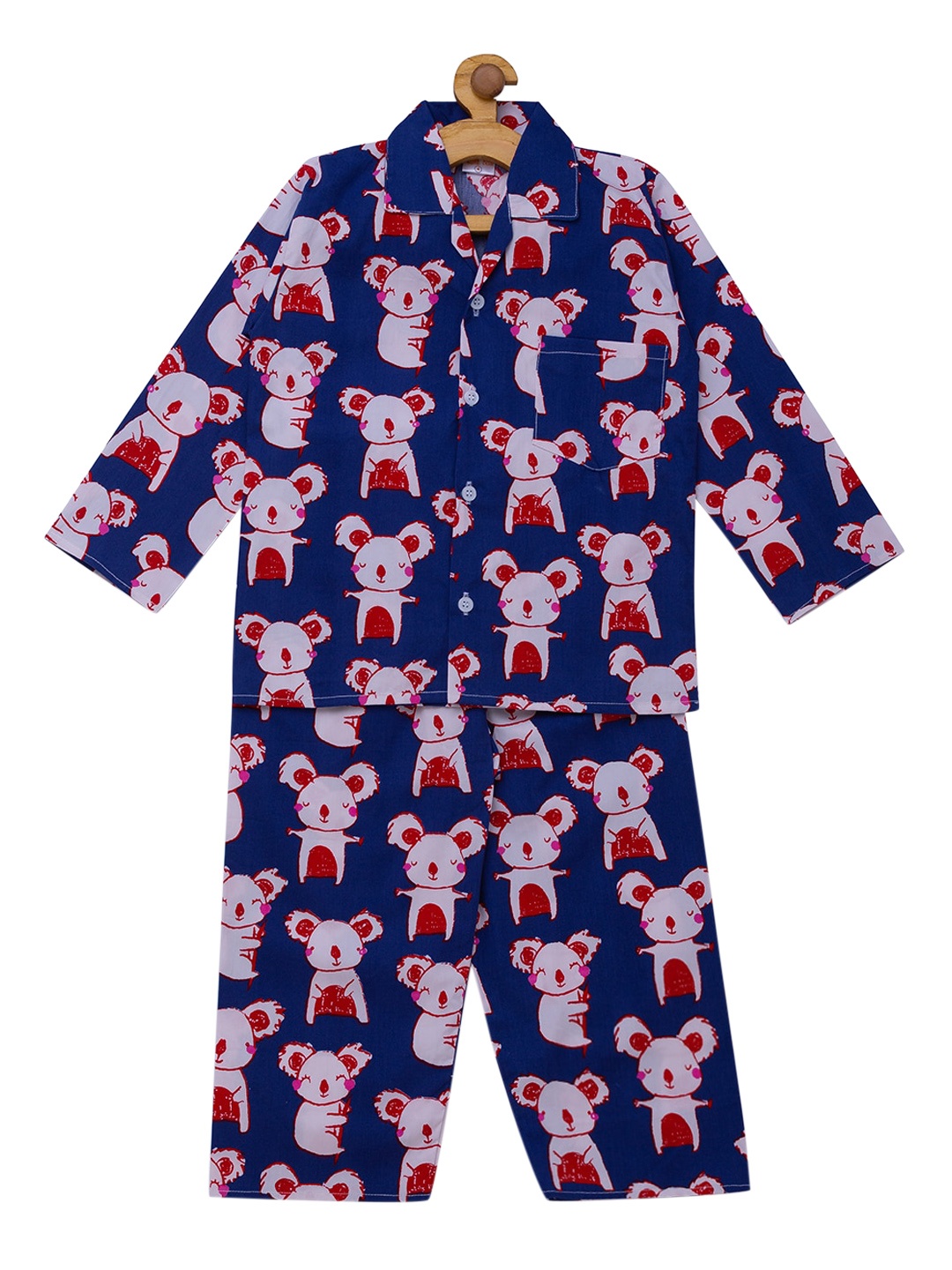 

Fuzzy Bear Boys Navy Blue & White Printed Sustainable Night Suit