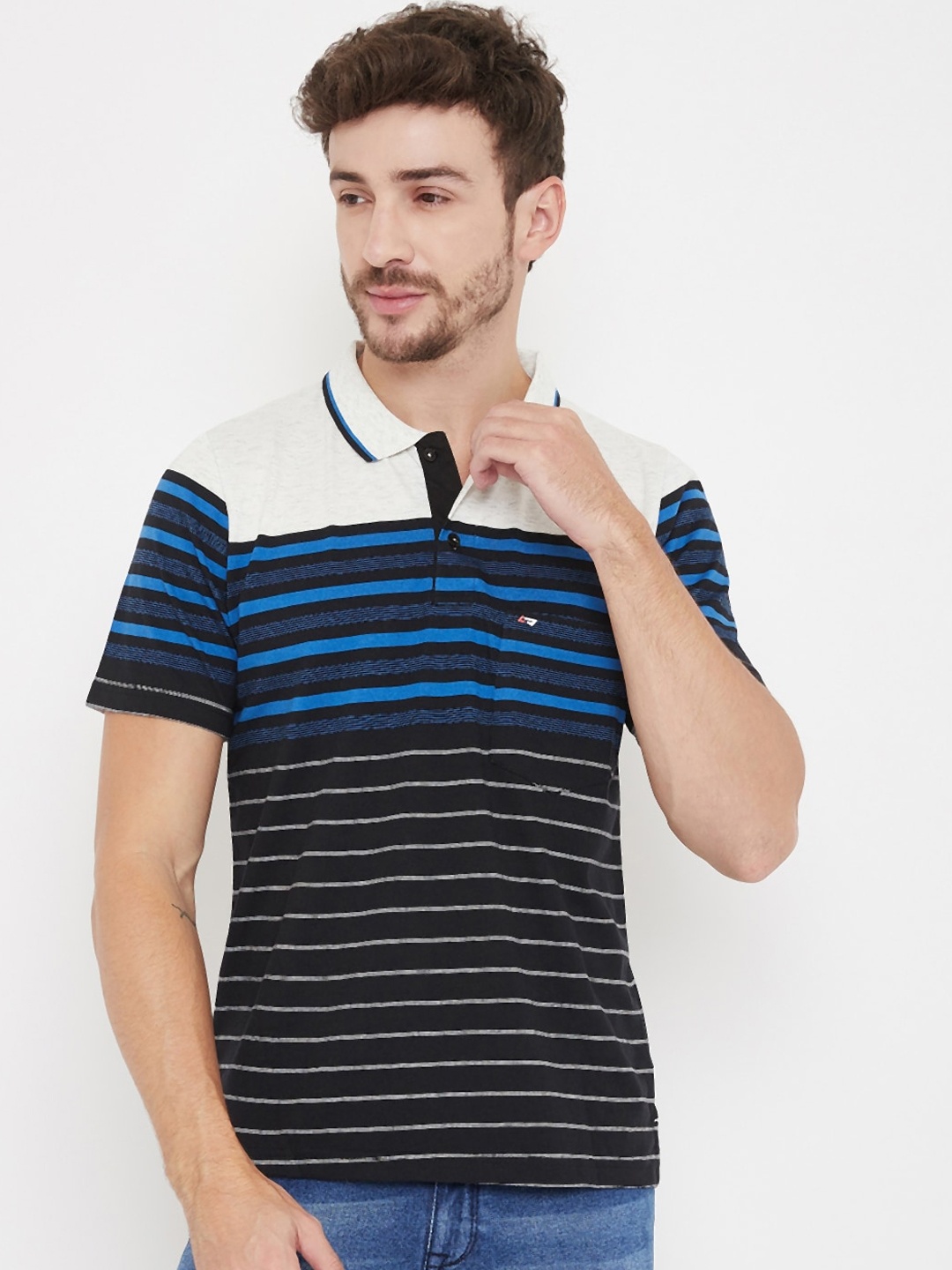 

NEVA Men Blue Striped Polo Collar T-shirt