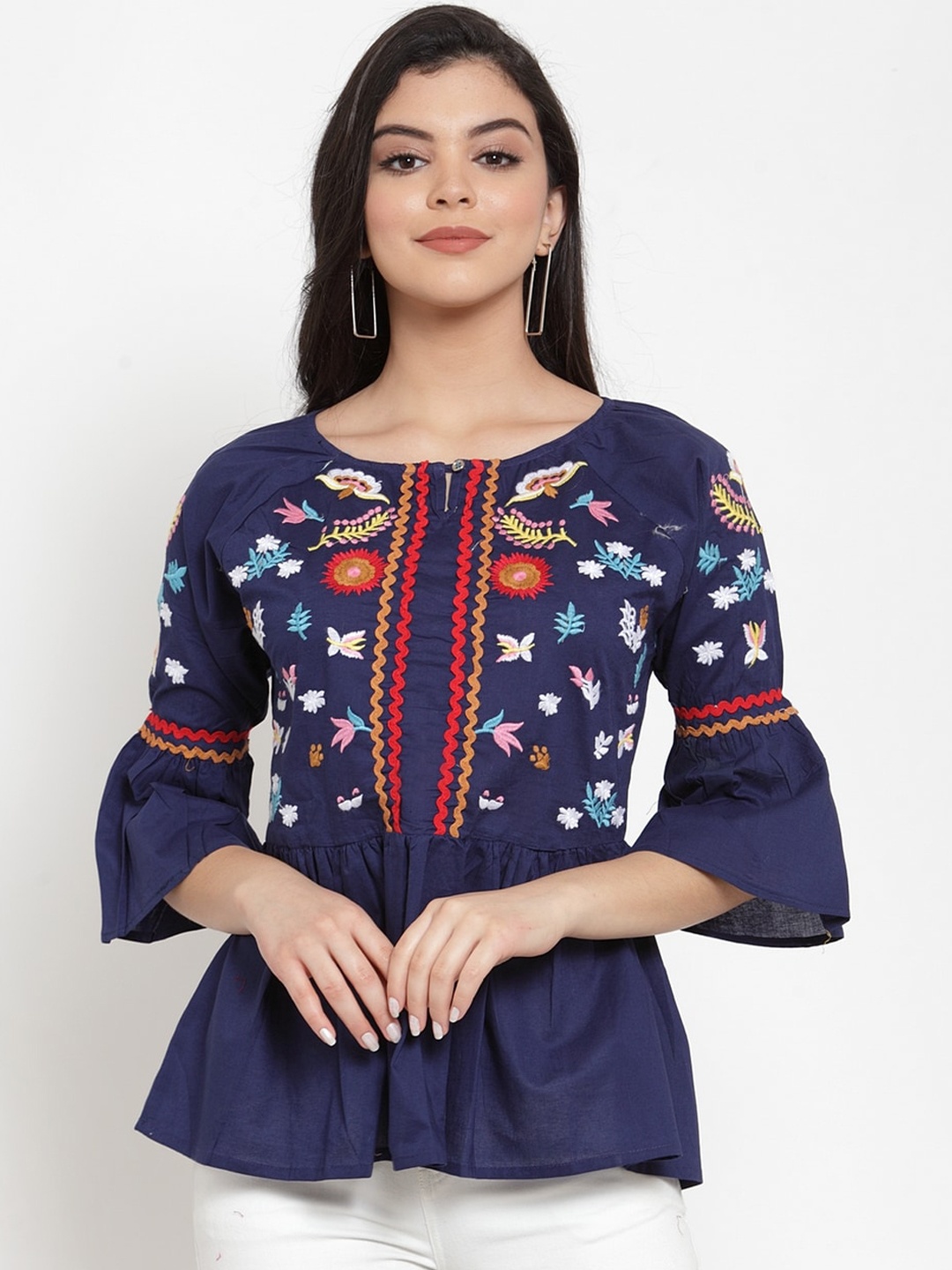 

Miaz Lifestyle Navy Blue Floral Embroidered Bell Sleeves Peplum Top