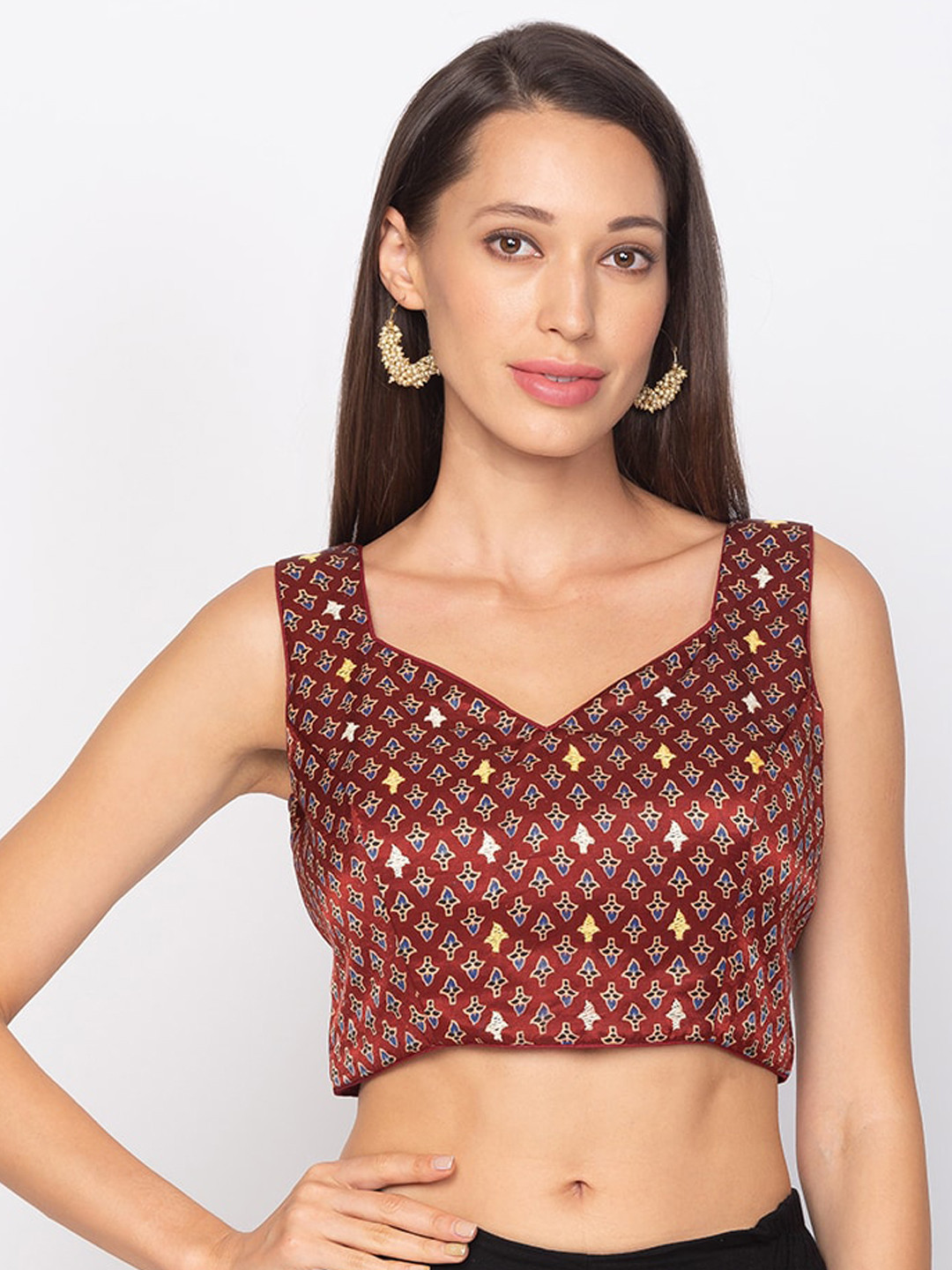 

Salwar Studio Maroon & Blue Printed Fitted Crop Top