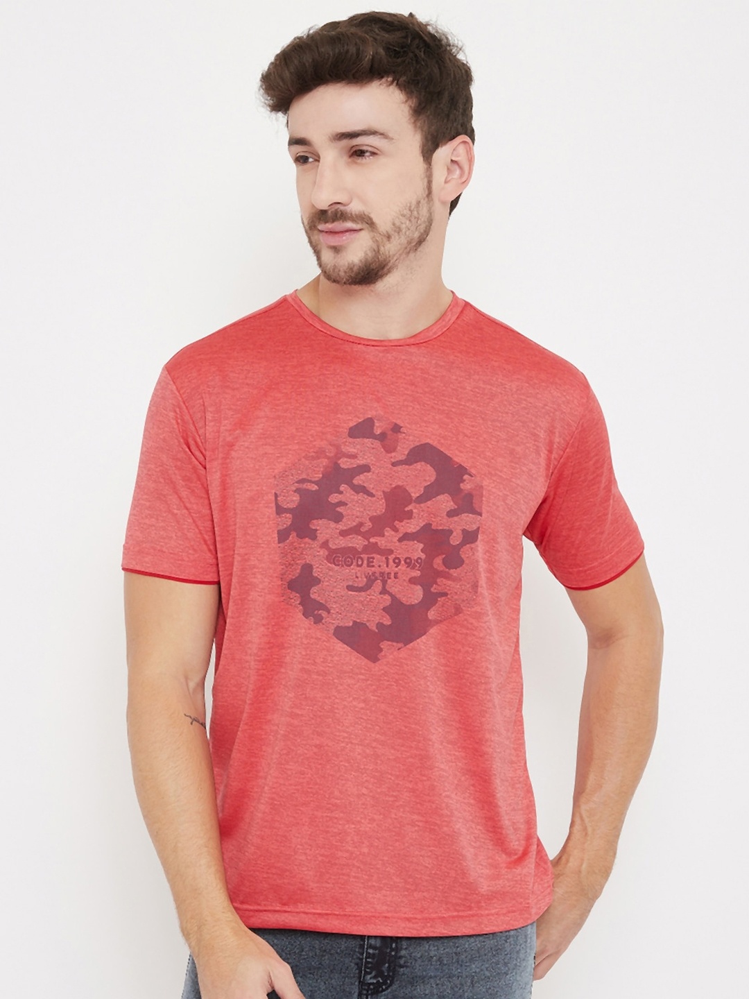 NEVA Men Maroon Printed Round Neck T-shirt