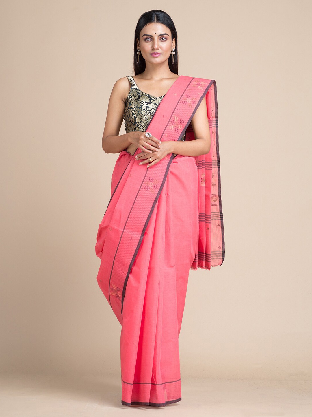 

Mitera Pink Pure Cotton Solid Taant Saree