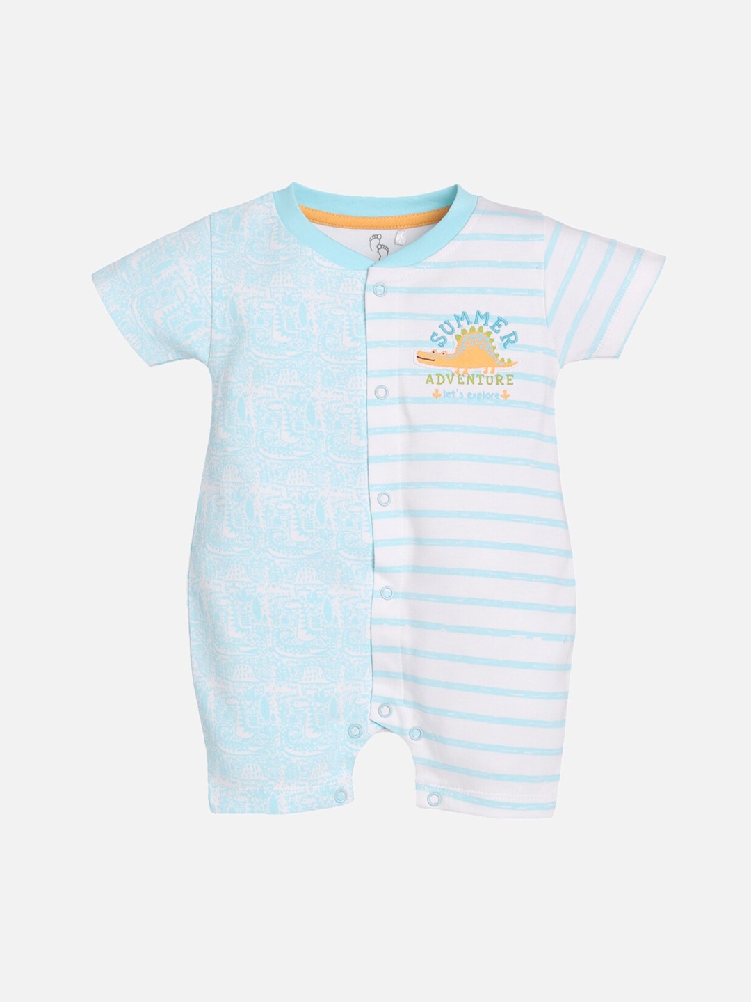 

BABY GO Infant Kids White & Blue Printed Cotton Rompers