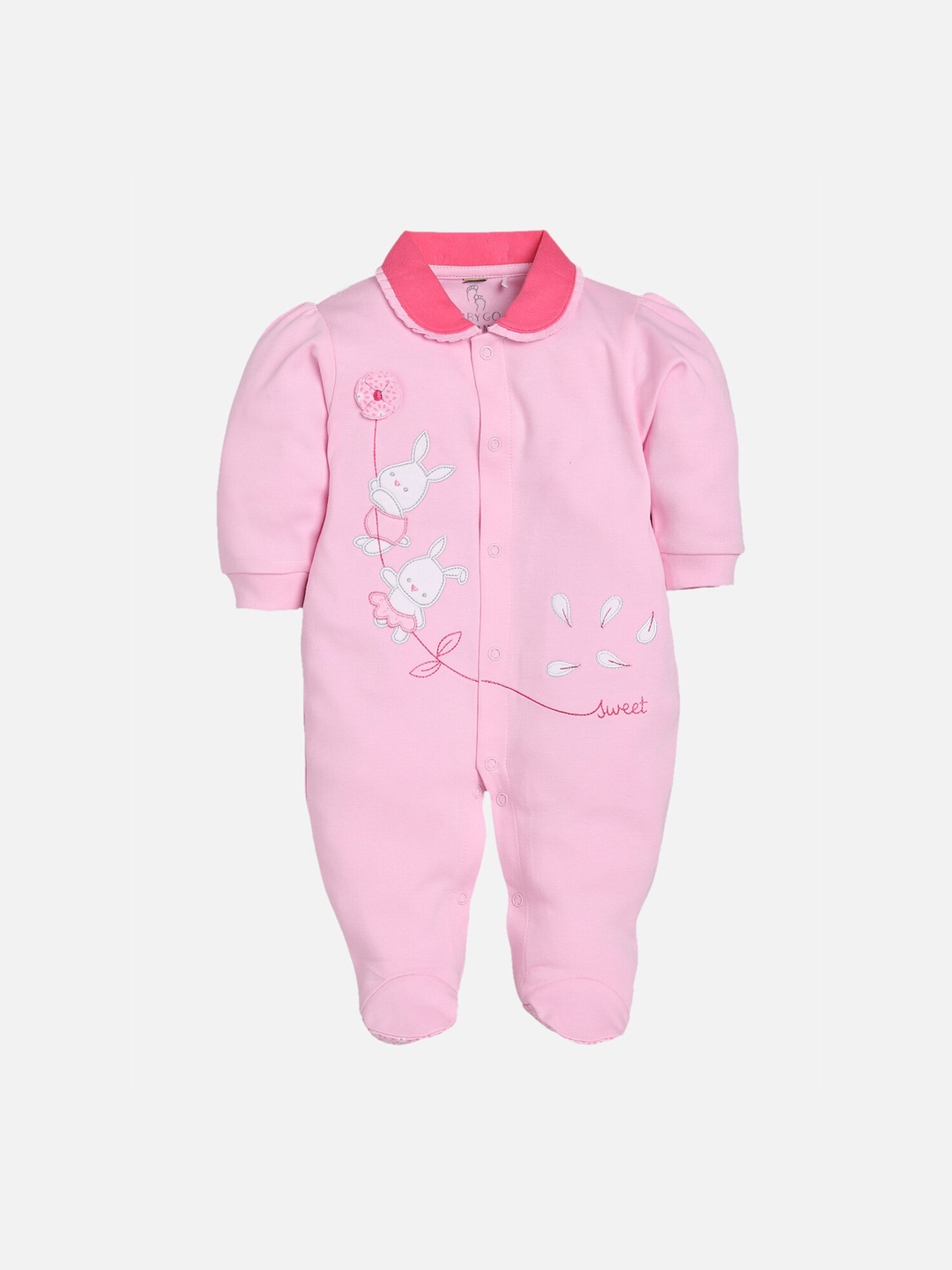 

BABY GO Unisex Kids Pink Embroidered Regular Fit Cotton Creeper Rompers