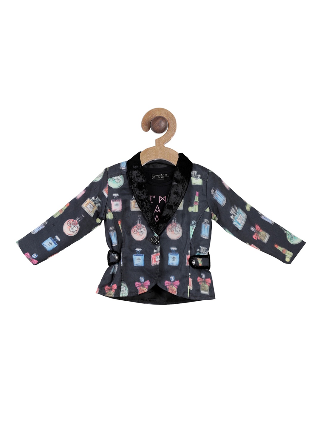 

Actuel Girls Black & Pink Printed Single-Breasted Party Blazer With T-Shirt