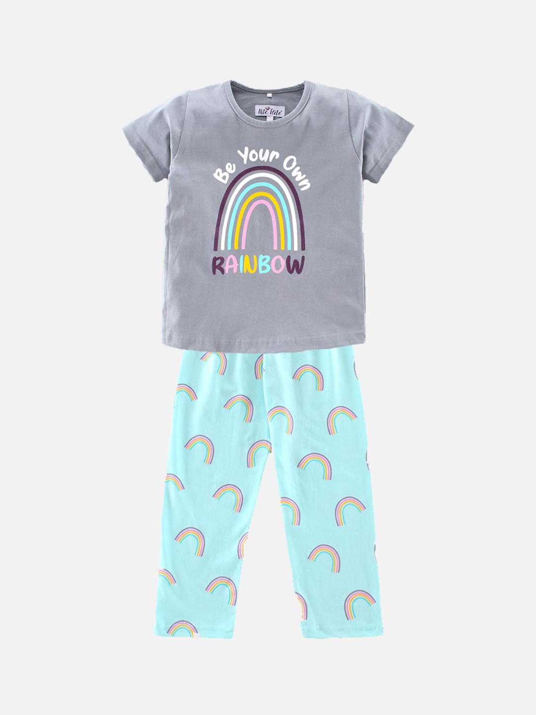 

Nite Flite Girls Grey & Blue Printed Night suit