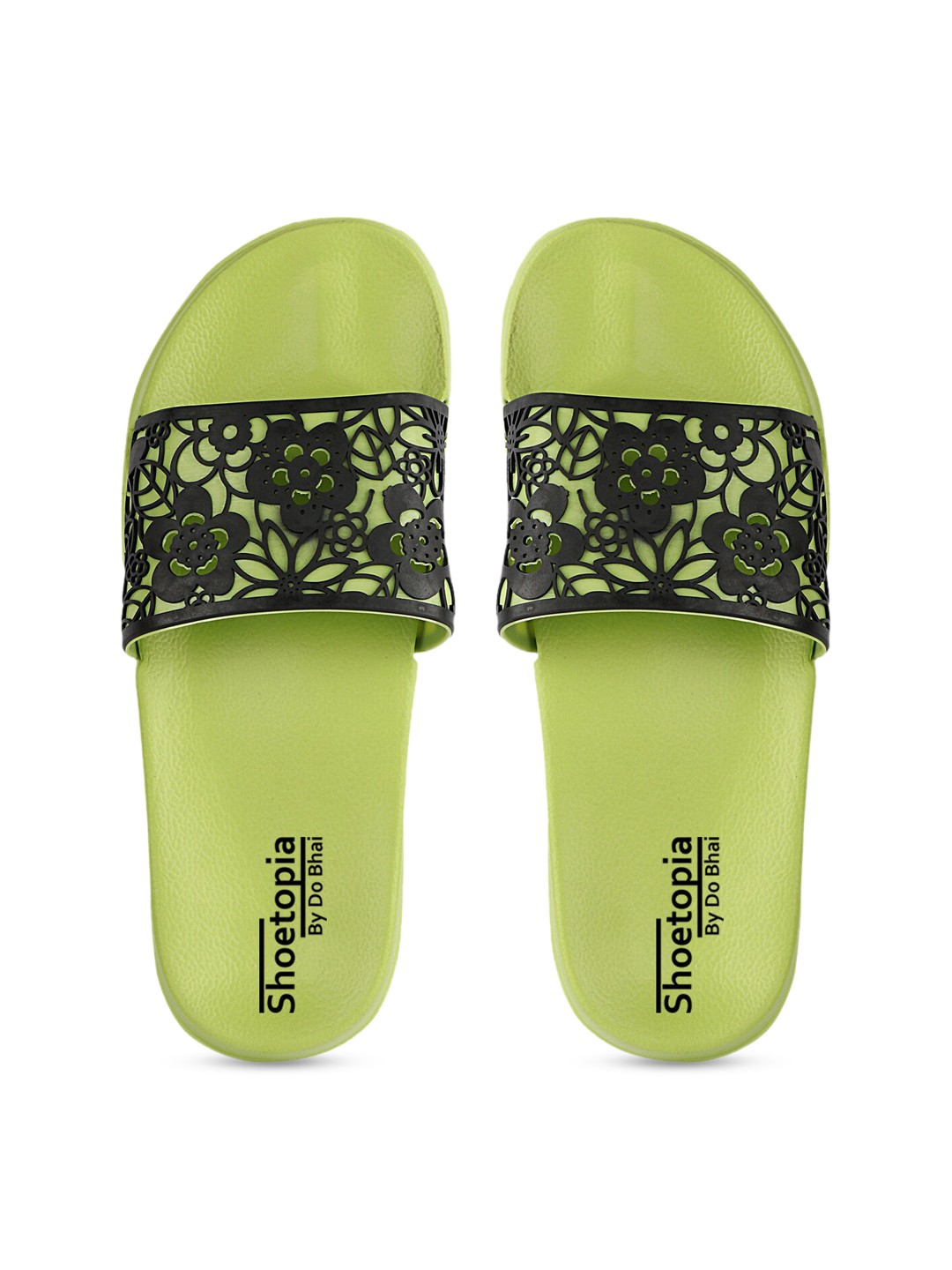 

Shoetopia Women Black & Fluorescent Green Laser Cut Sliders