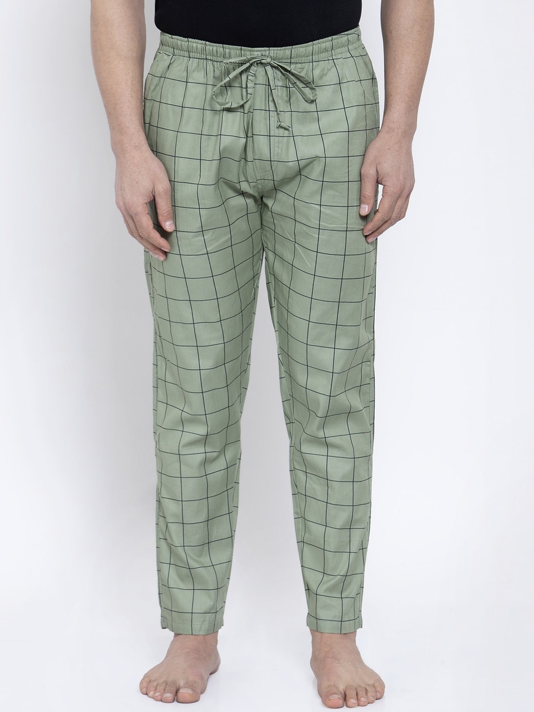 

JAINISH Men Olive Green & Black Checked Lounge Pants