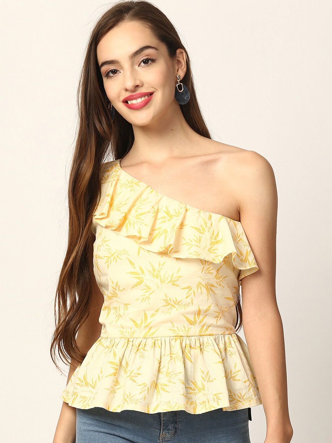 

Elle Yellow Printed One Shoulder Tropical Peplum Top