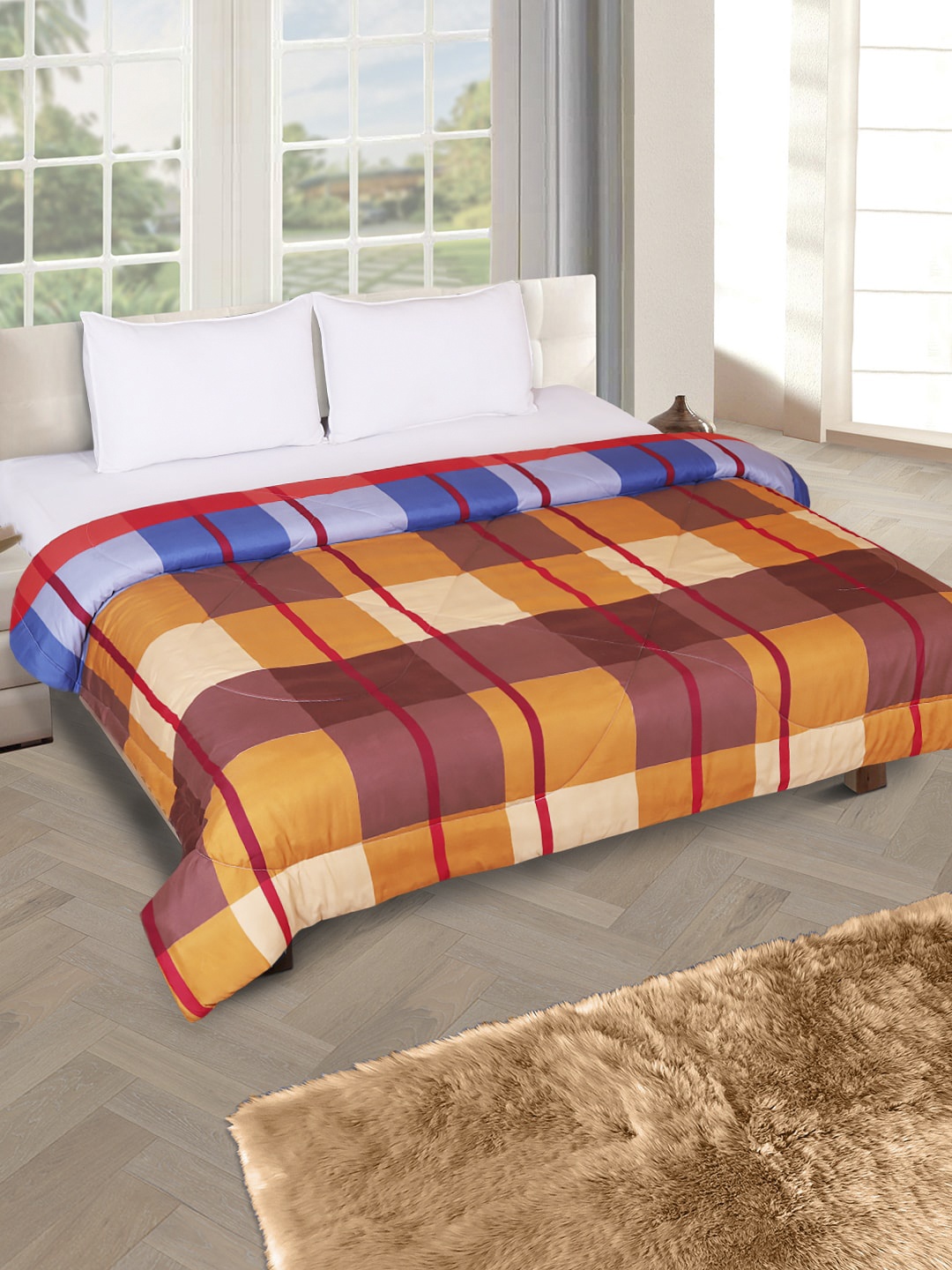 

ROMEE Orange & Red Checked AC Room 150 GSM Double Bed Comforter
