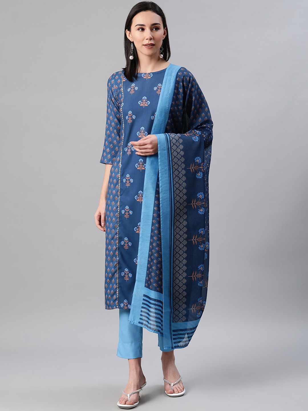 

ZIYAA Women Blue Printed Kurta with Trousers & Dupatta