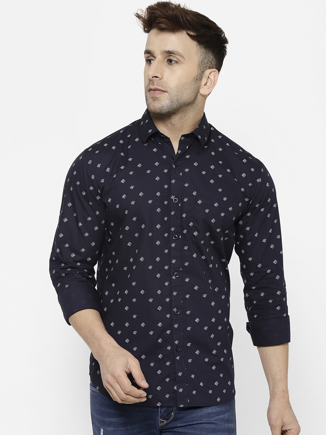 

cape canary Men Navy Blue Regular Fit Printed Casual Shirt