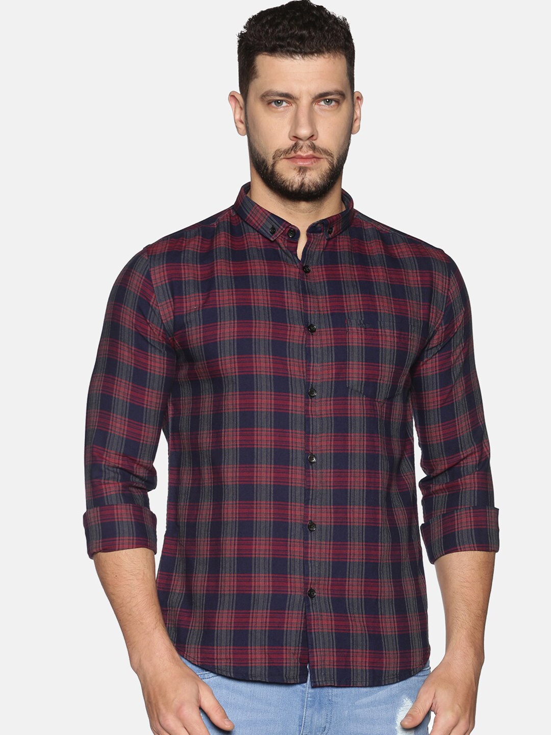 SHOWOFF Men Maroon Slim Fit Checked Casual Shirt