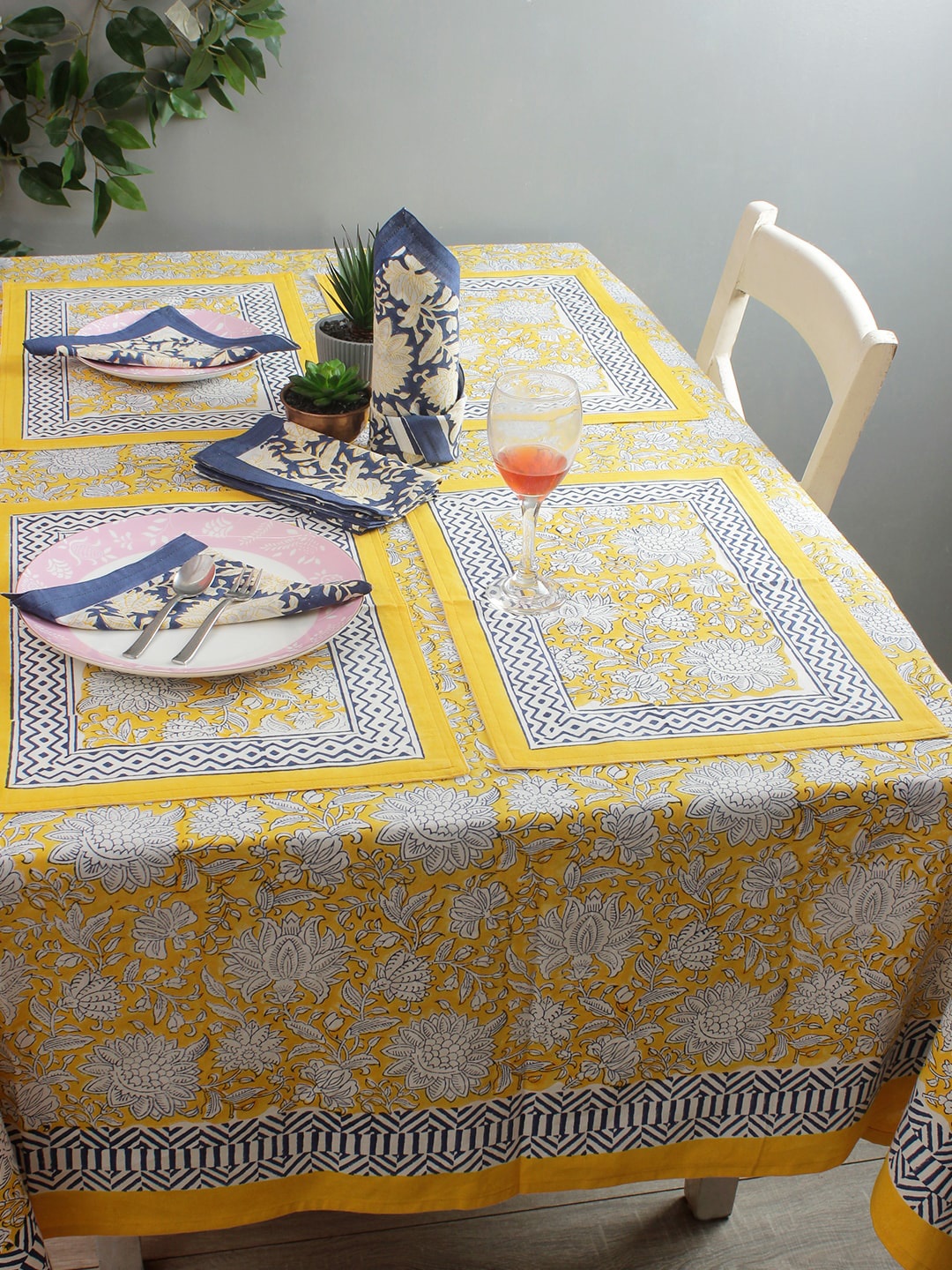 

Rajasthan Decor Set Of 13 White & Yellow Floral Printed Table Linen