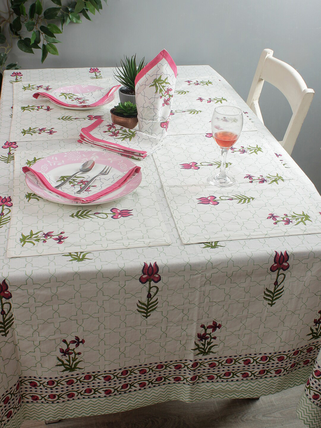 

Rajasthan Decor Set Of 13 White & Pink Floral Printed Sustainable Table Linen