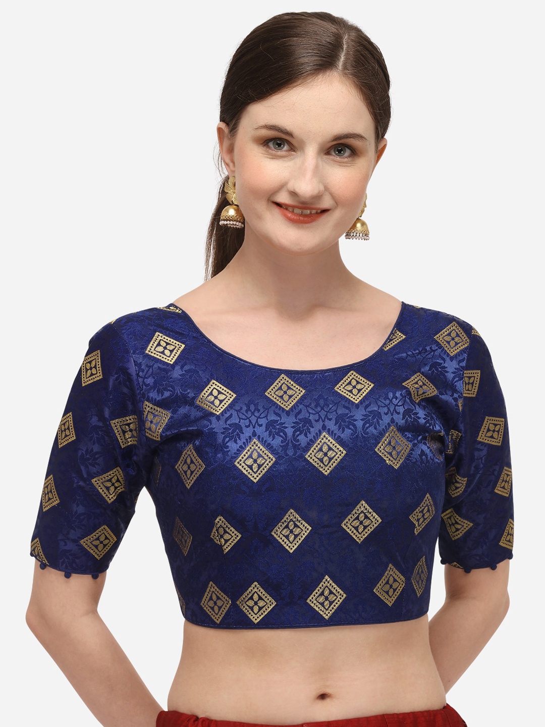 

Fab Dadu Women Navy Blue & Gold-Coloured Woven-Design Jacquard Saree Blouse