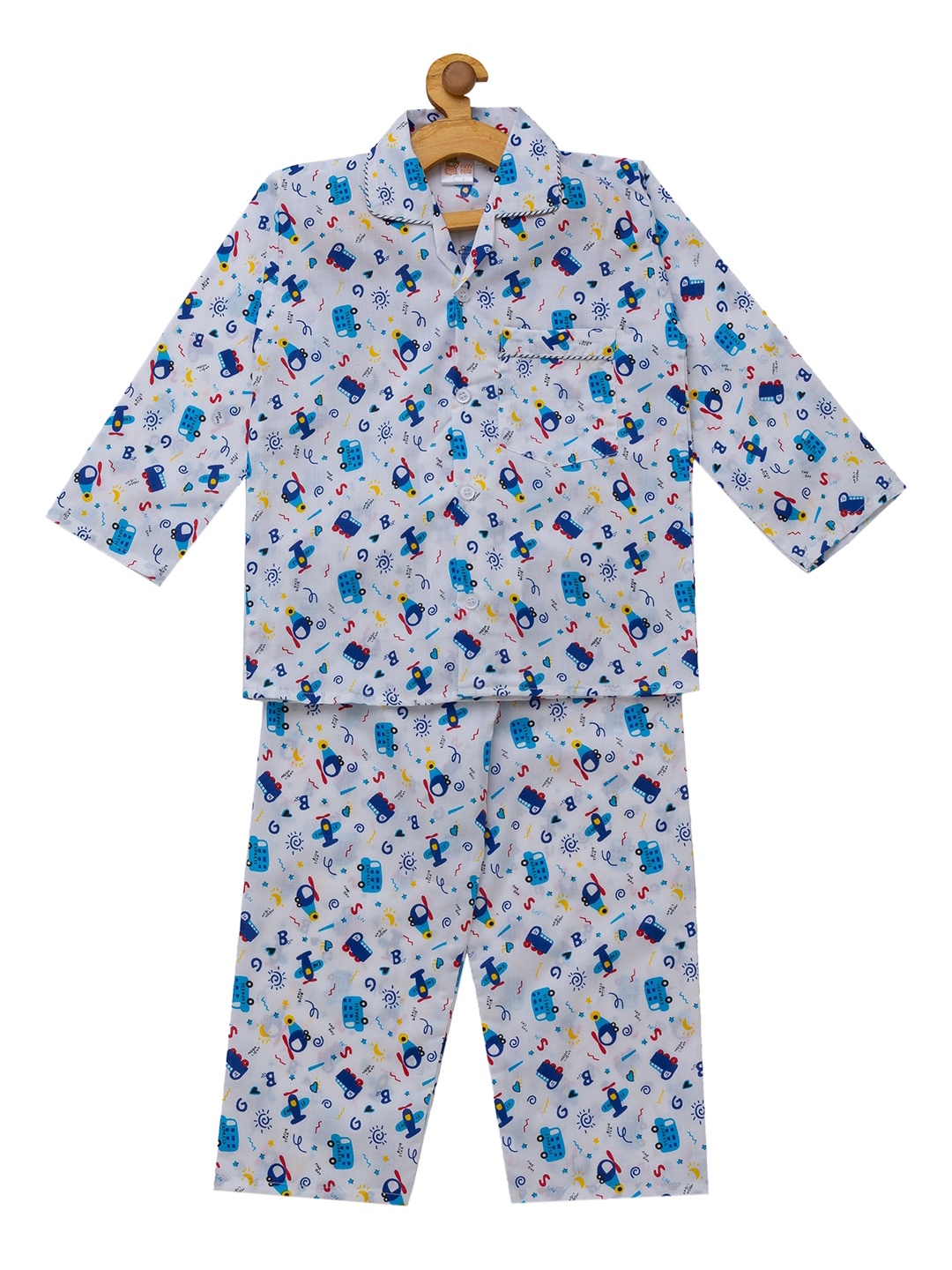 

Fuzzy Bear Boys Blue Printed Sustainable Night Suit