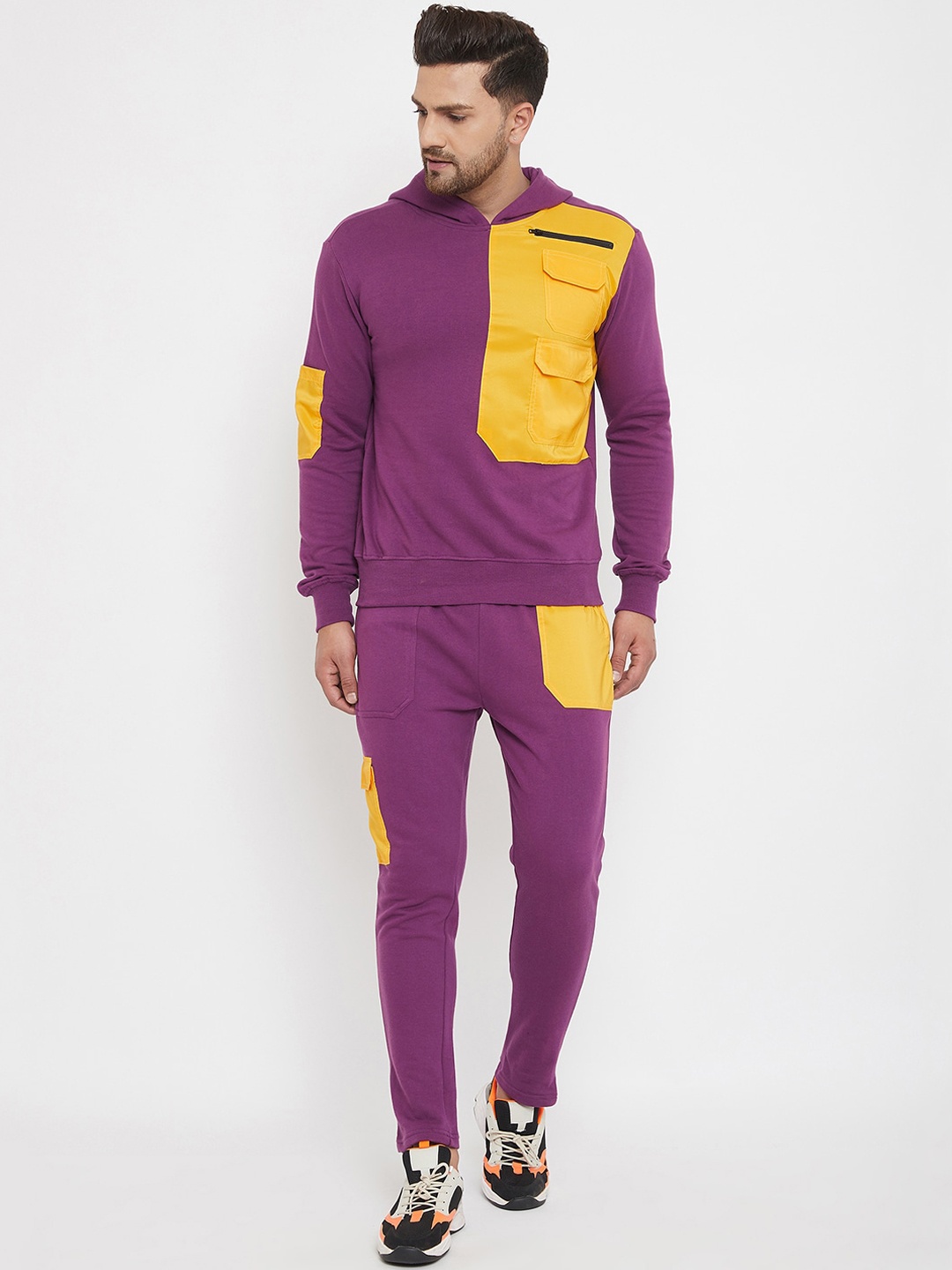 

FUGAZEE Men Purple & Yellow Colourblocked Slim-Fit Hooded Tracksuit