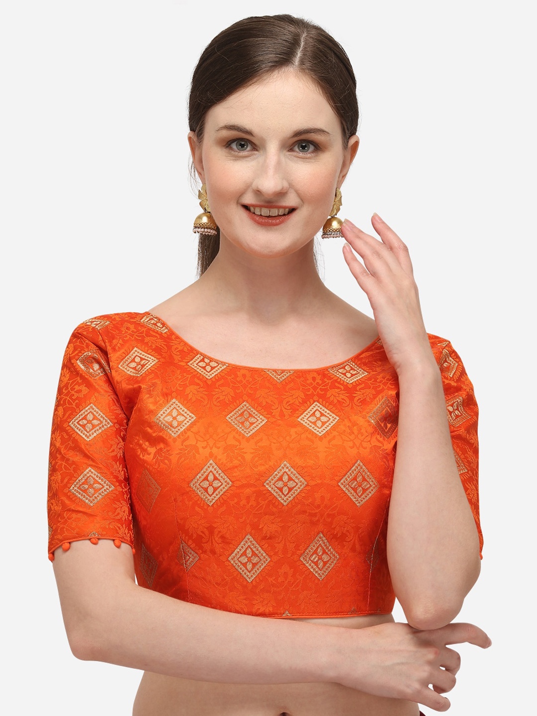 

Fab Dadu Women Orange & Gold-Coloured Printed Woven-Design Jacquard Saree Blouse