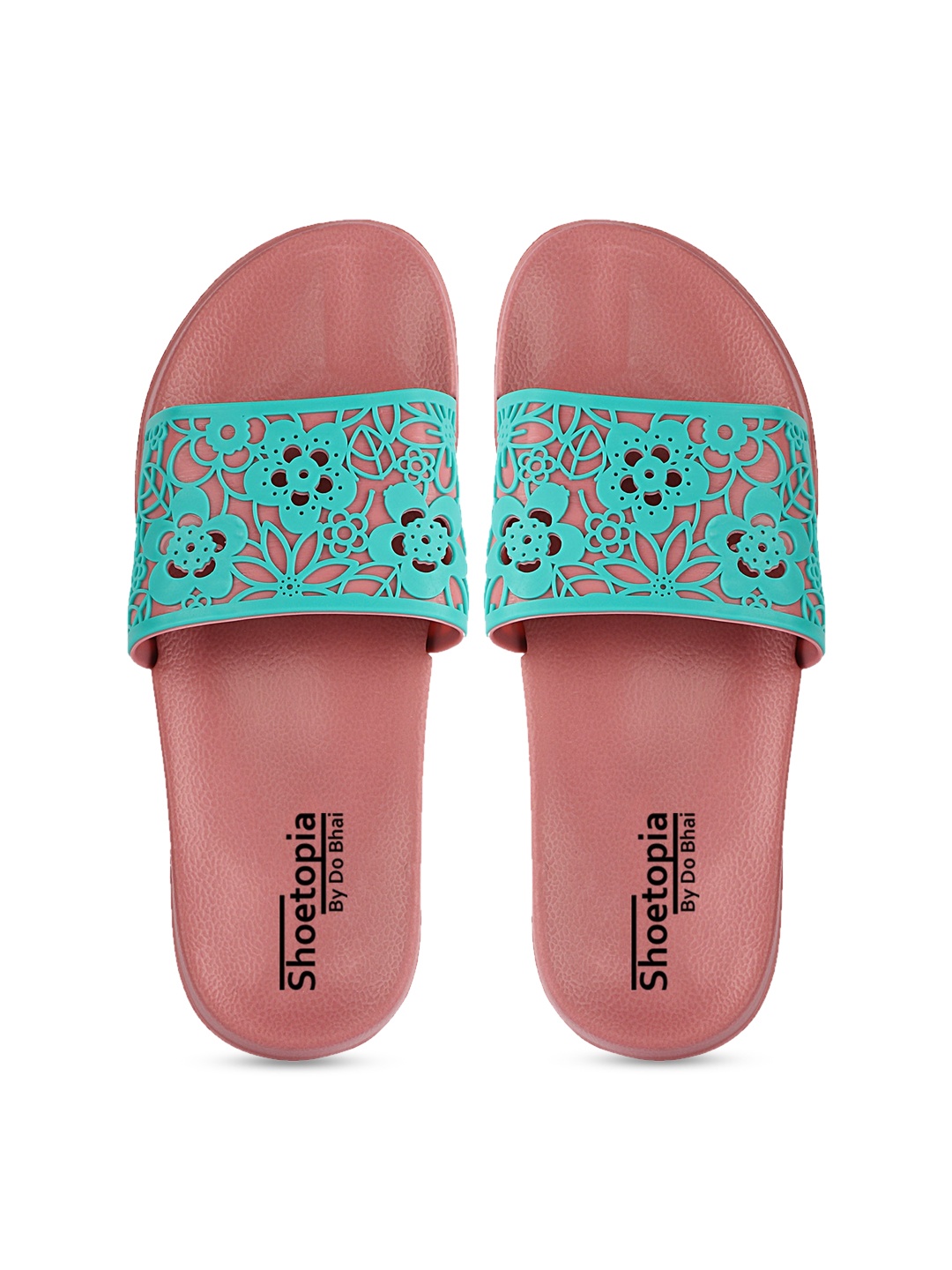 

Shoetopia Women Turquoise Blue & Peach-Coloured Laser Cut Sliders