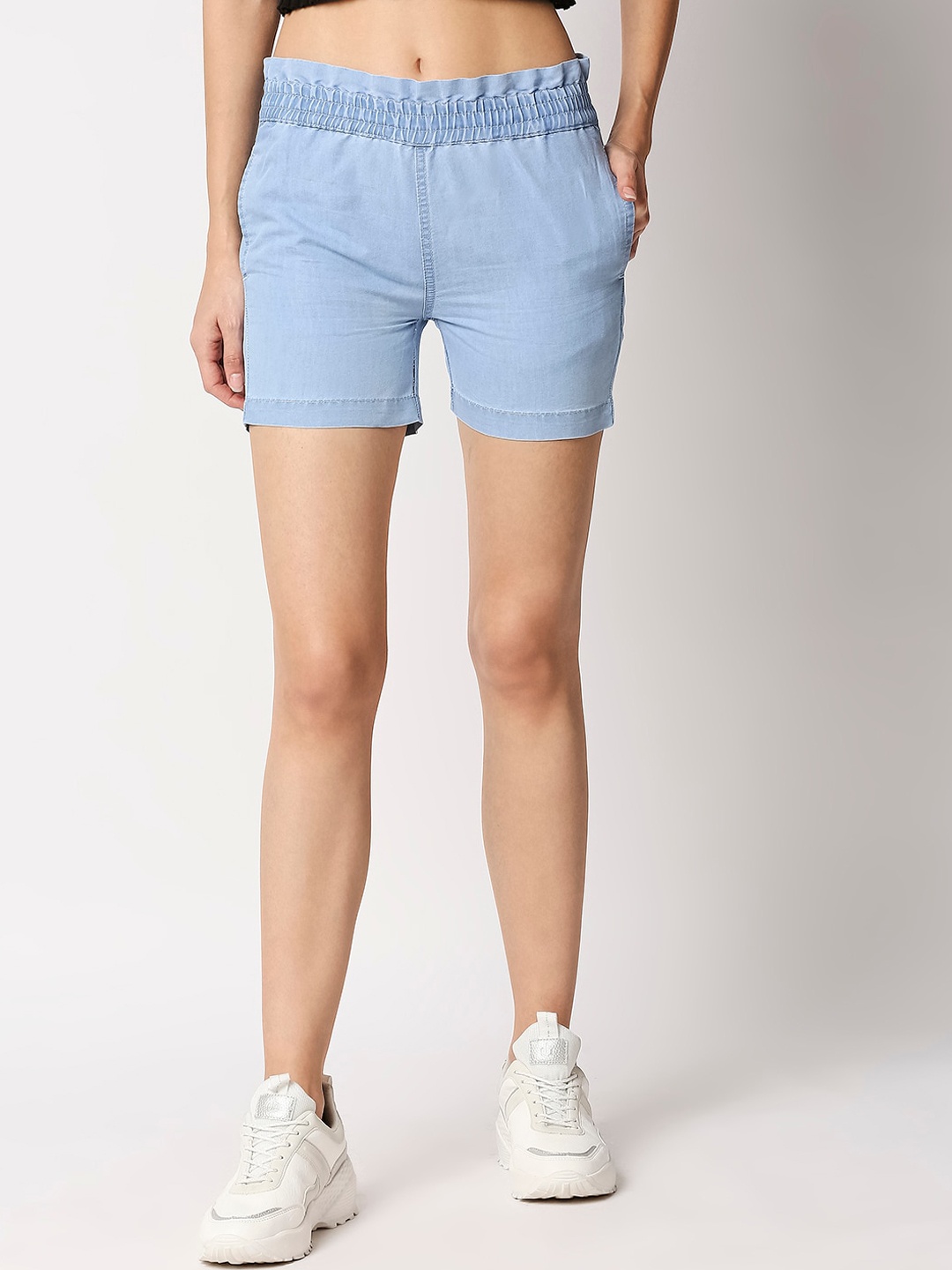 High Star Women Blue Solid Slim Fit Denim Shorts