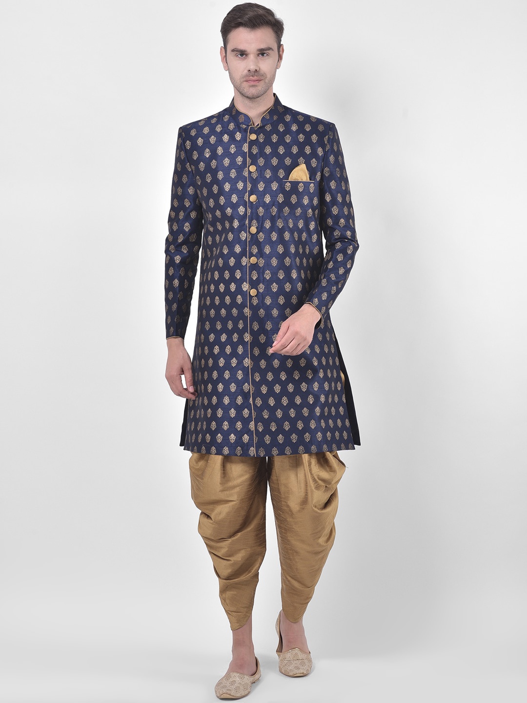 

DEYANN Men Navy Blue & Gold-Coloured Printed Sherwani Patiala Set