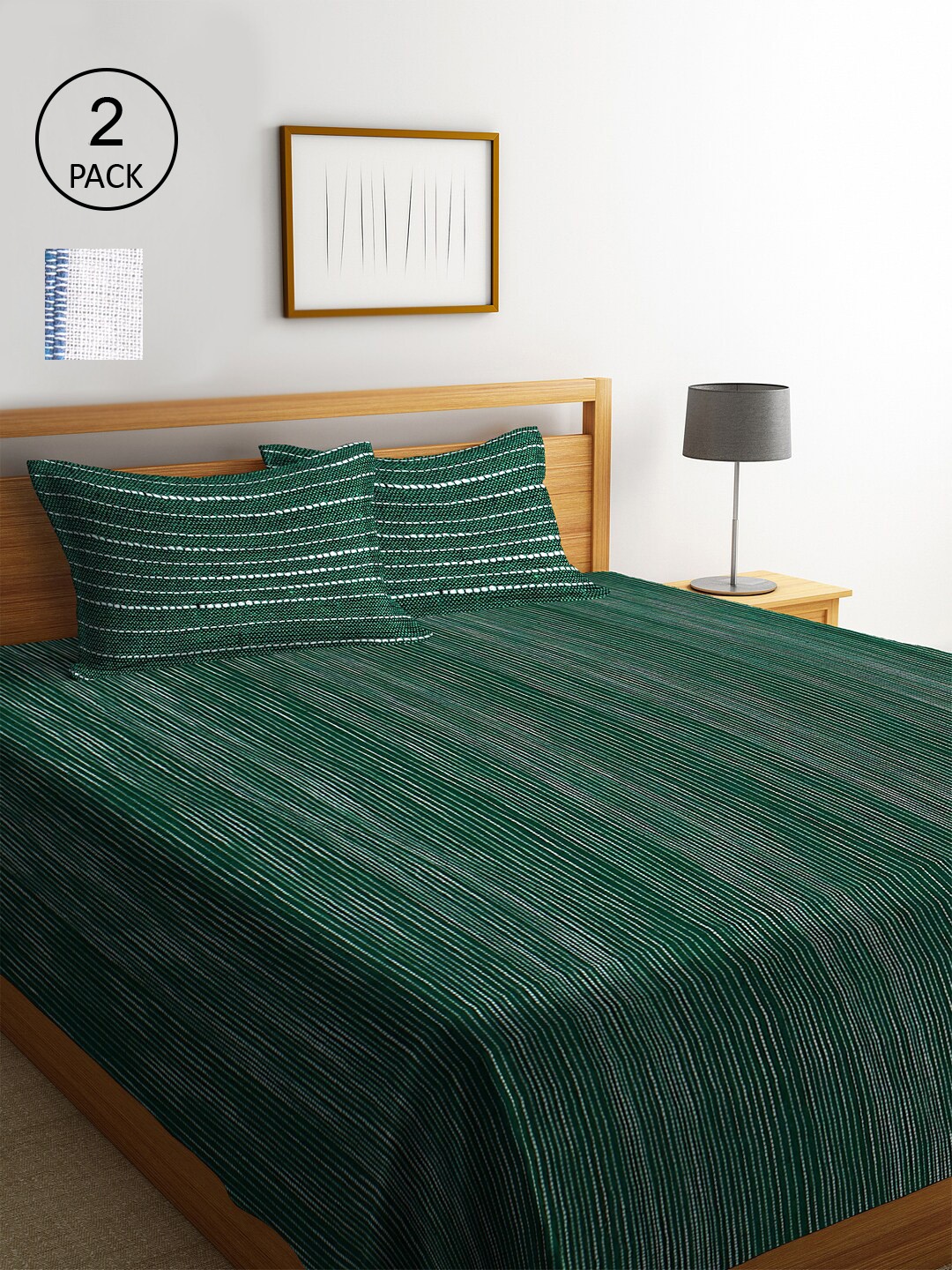 

KLOTTHE Set Of 2 Blue & Green Woven Design Double King Bed Cover with 4 Pillow Covers