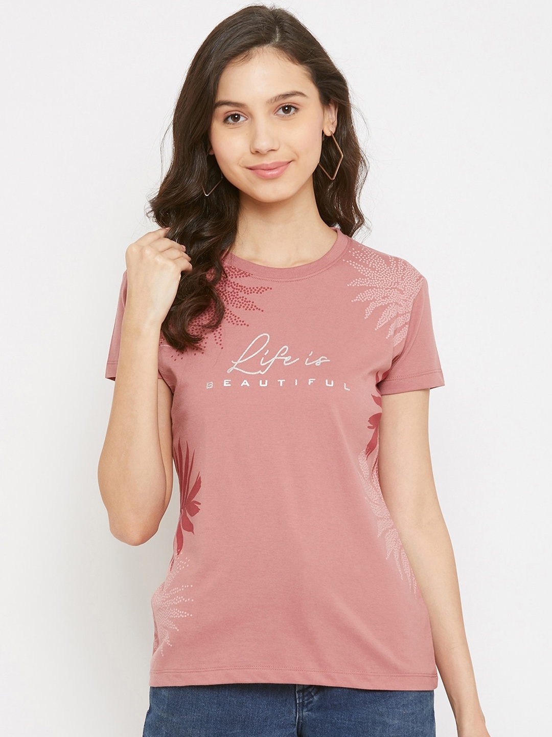 

Plagg Women Pink Printed Round Neck T-shirt