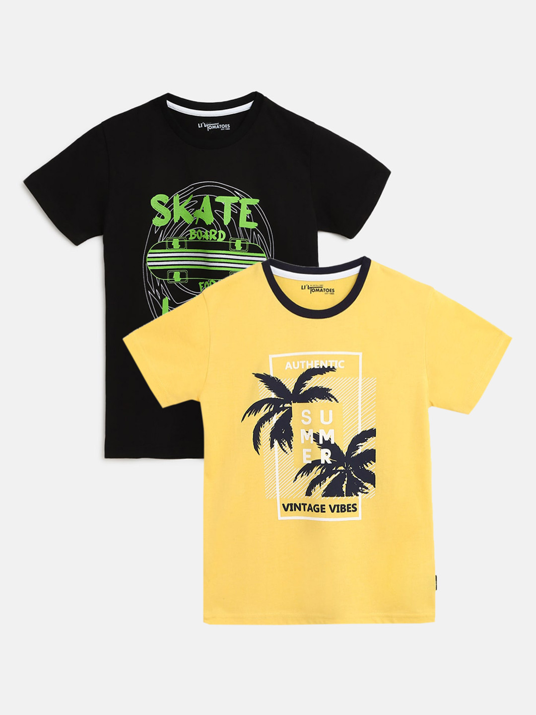 

Lil Tomatoes Boys Pack Of 2 Printed Round Neck T-shirt With Pen, Black