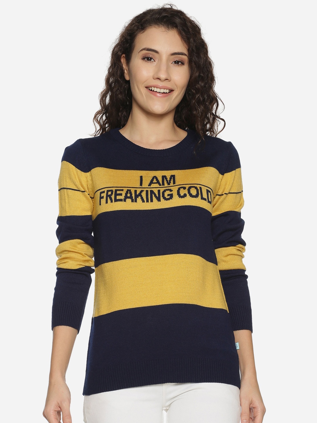 

BEVERLY BLUES Women Mustard Striped Pullover Sweater