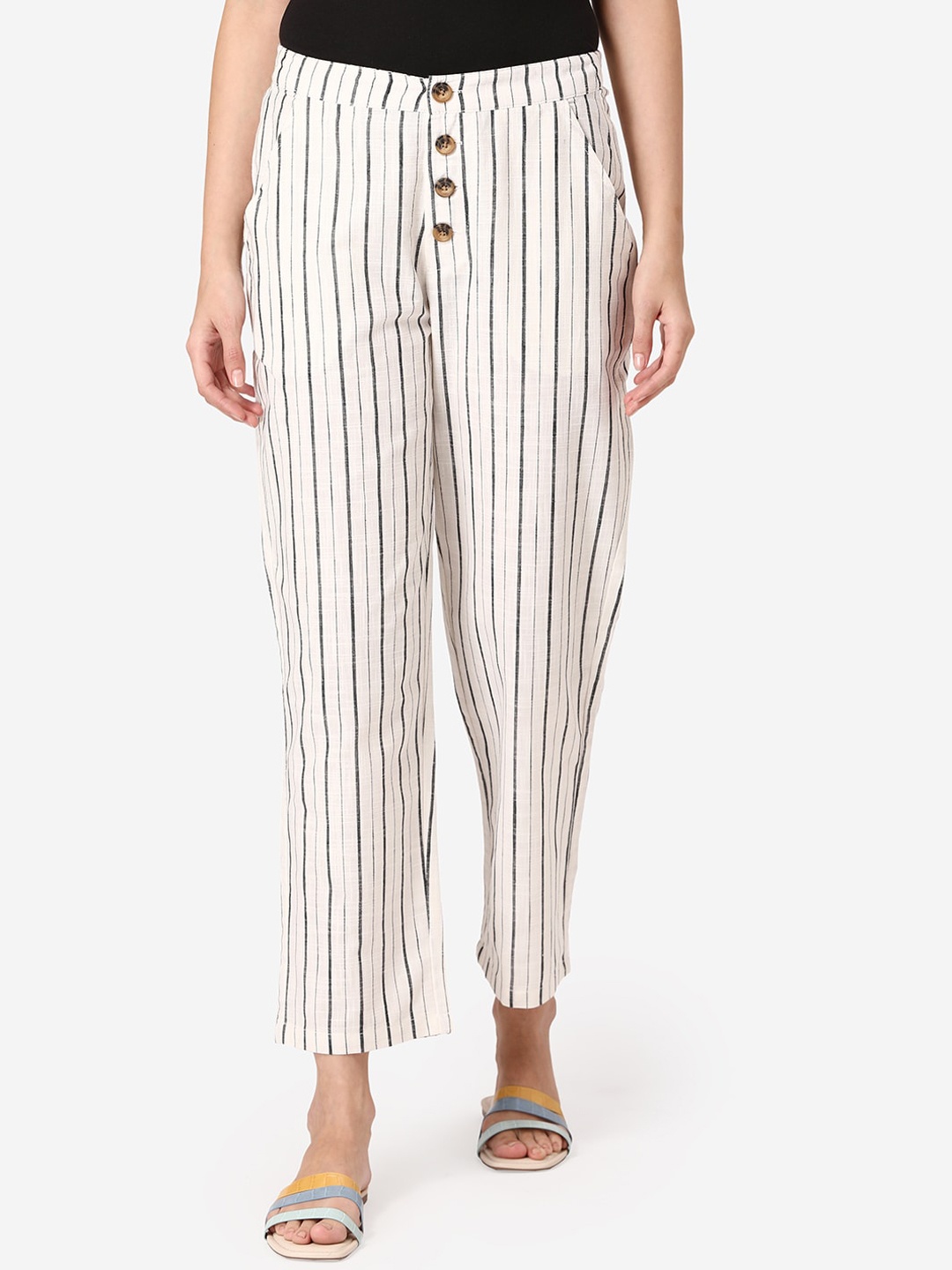 

Mode by Red Tape Women Off-White & Grey Straight Fit Striped Parallel Trousers