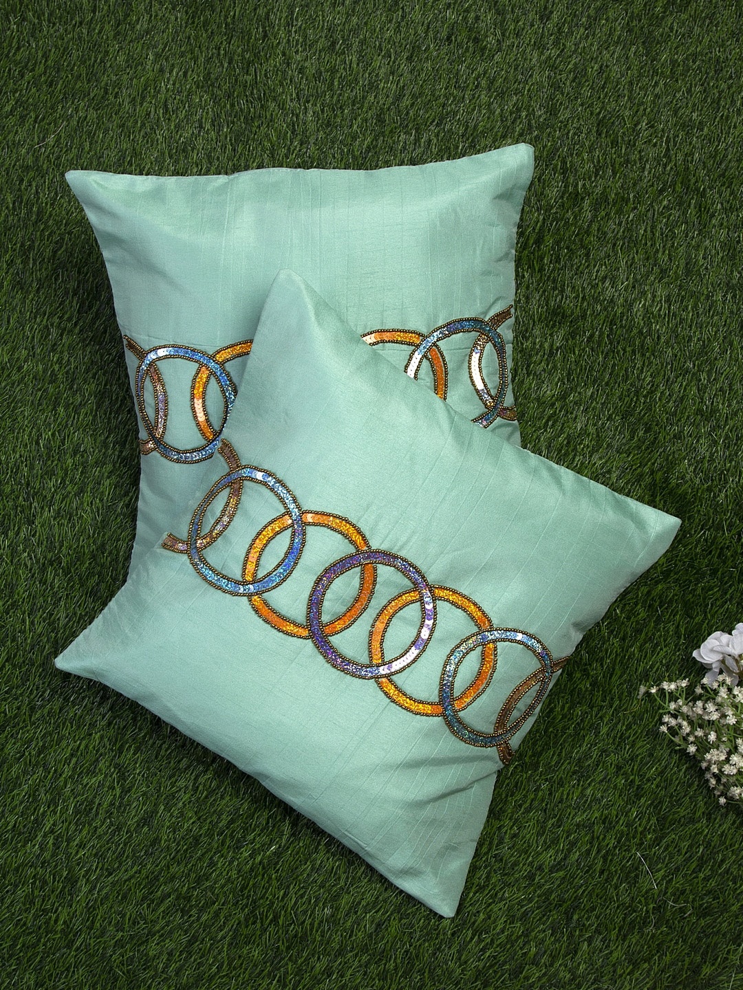 

Alina decor Sea Green Set of 2 Embellished Square Cushion Covers