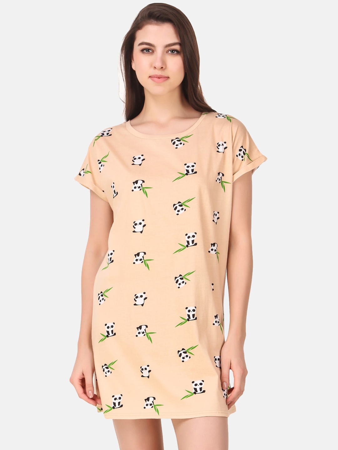 

Masha Women Peach-Color & White Panda Printed Sleep Shirt
