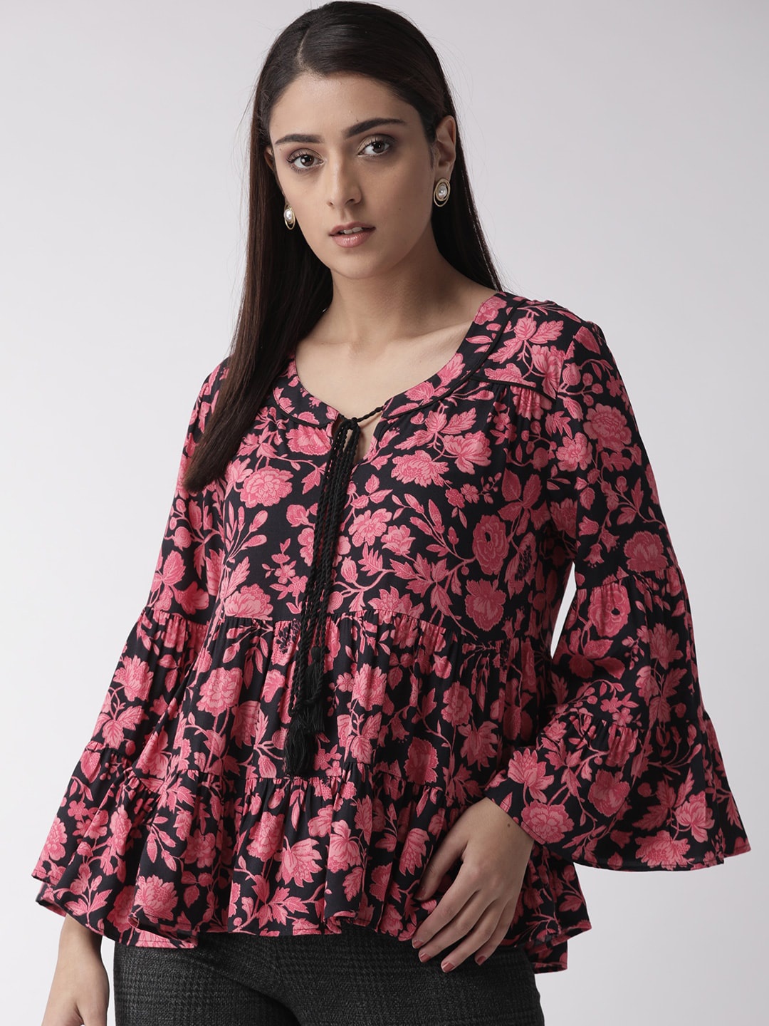 

Quiero Fuchsia Floral Printed Tie-up Neck Bell Sleeves A-line Top