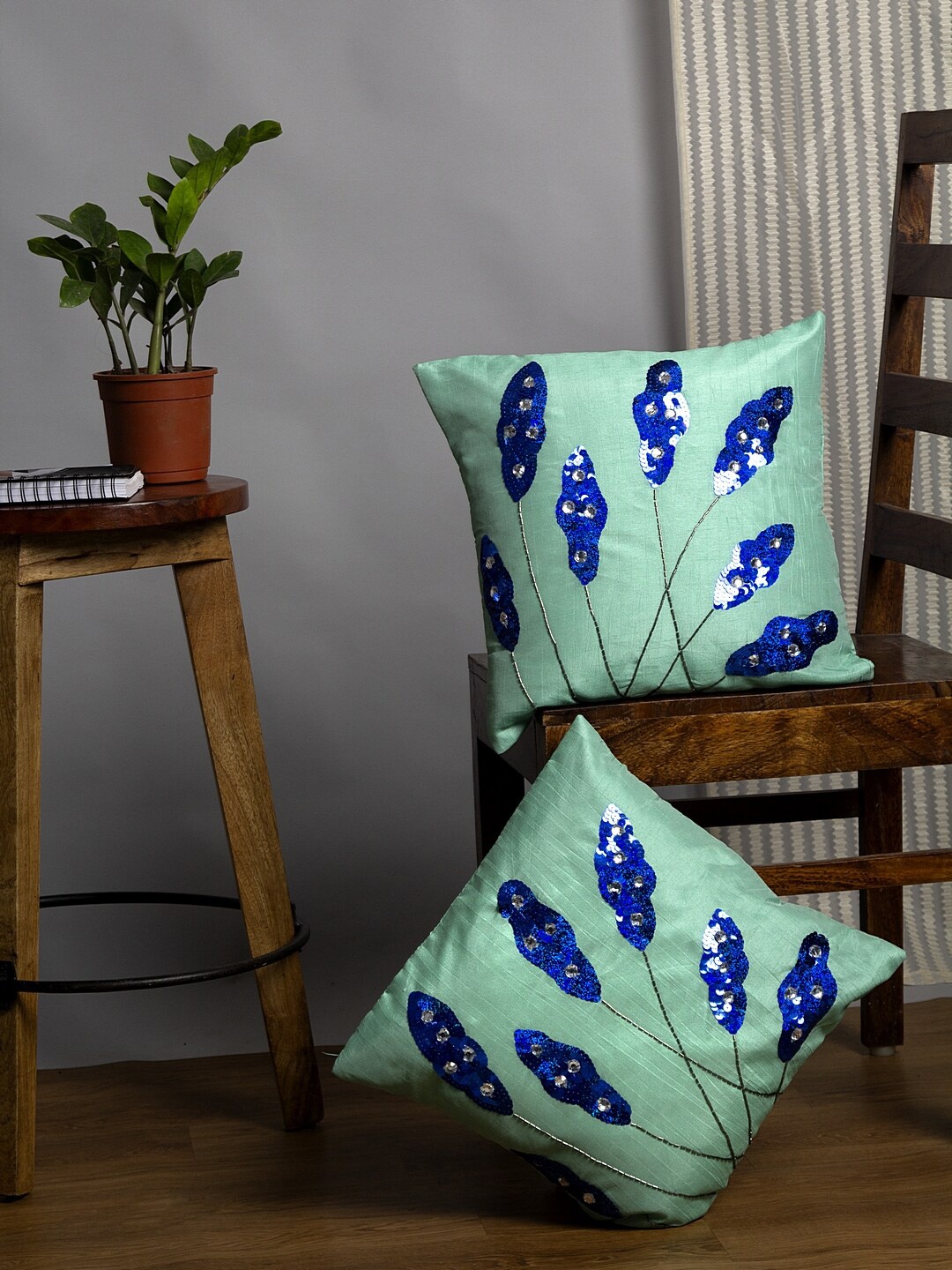 

Alina decor Sea Green & Blue Set of 2 Embellished Square Cushion Covers