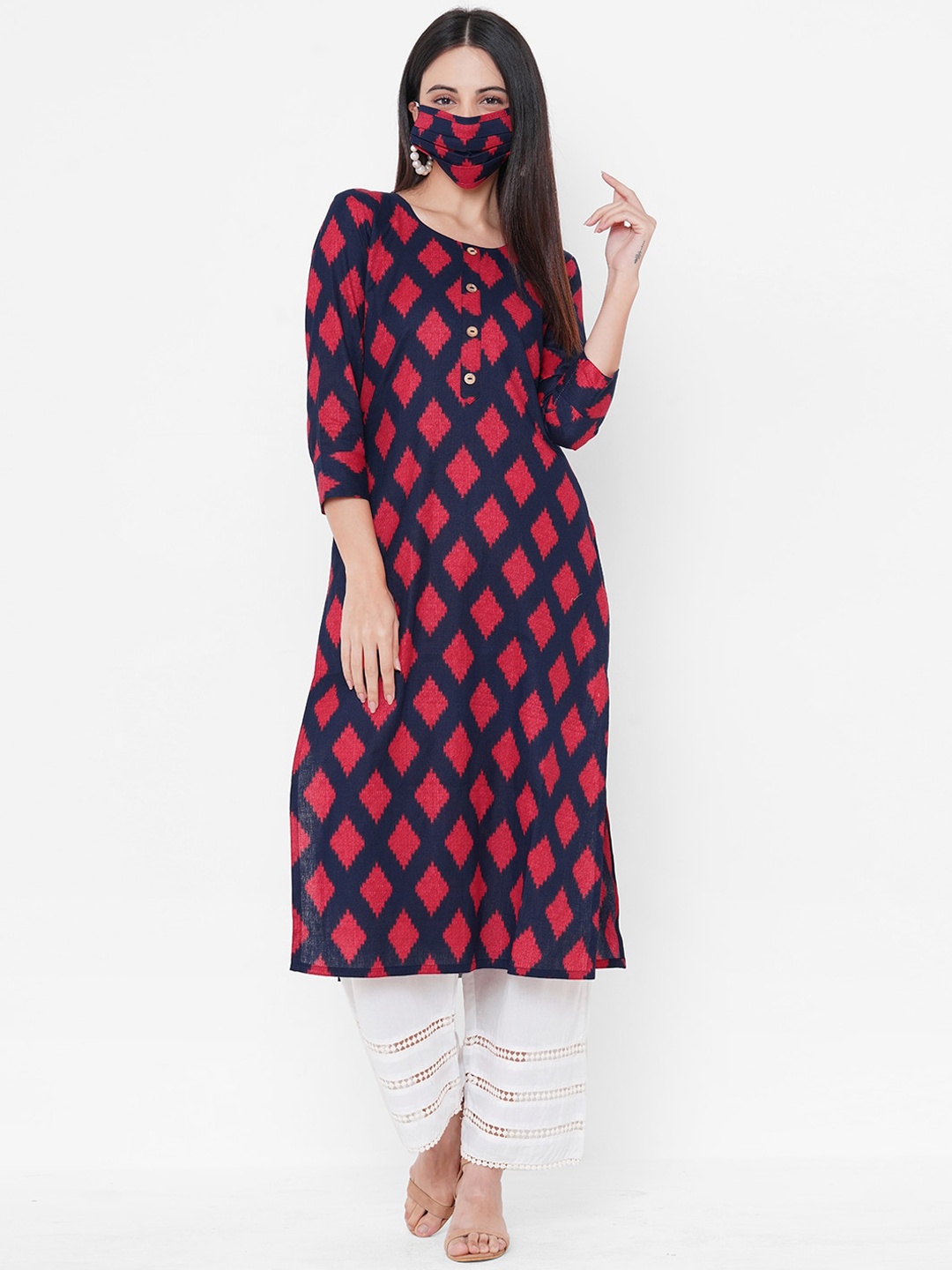 

Fashor Women Navy Blue & Red Geometric Printed Kurta With Matching Mask