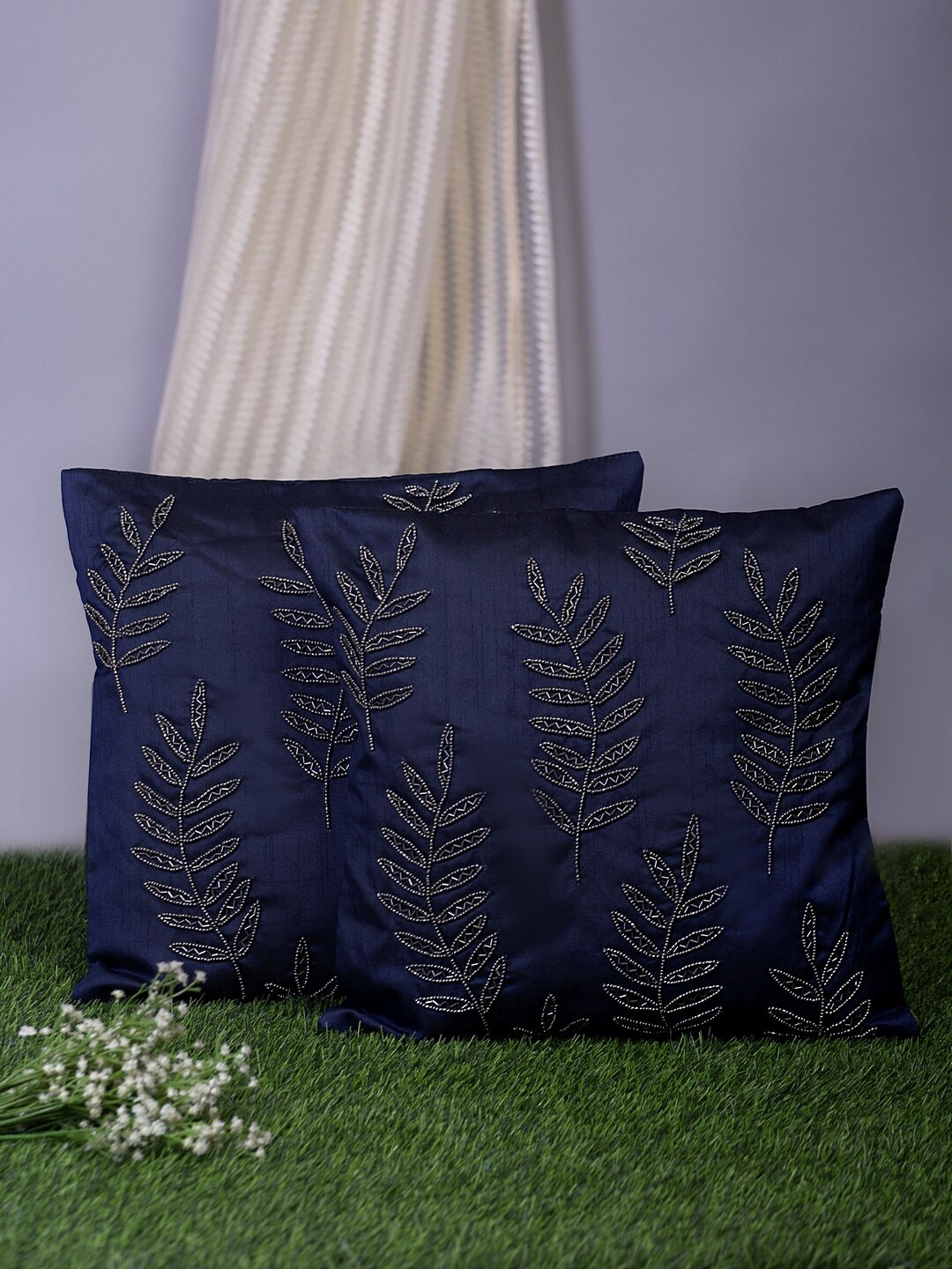 Alina decor Set Of 2 Navy Blue & Grey Embellished Square Cushion Covers