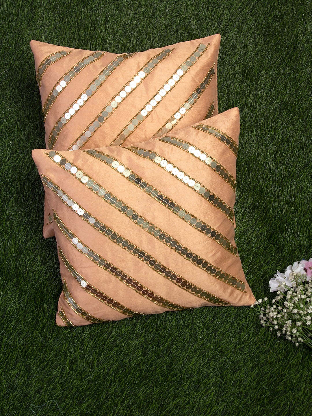 

Alina decor Peach-Coloured Set of 2 Embellished Square Cushion Covers