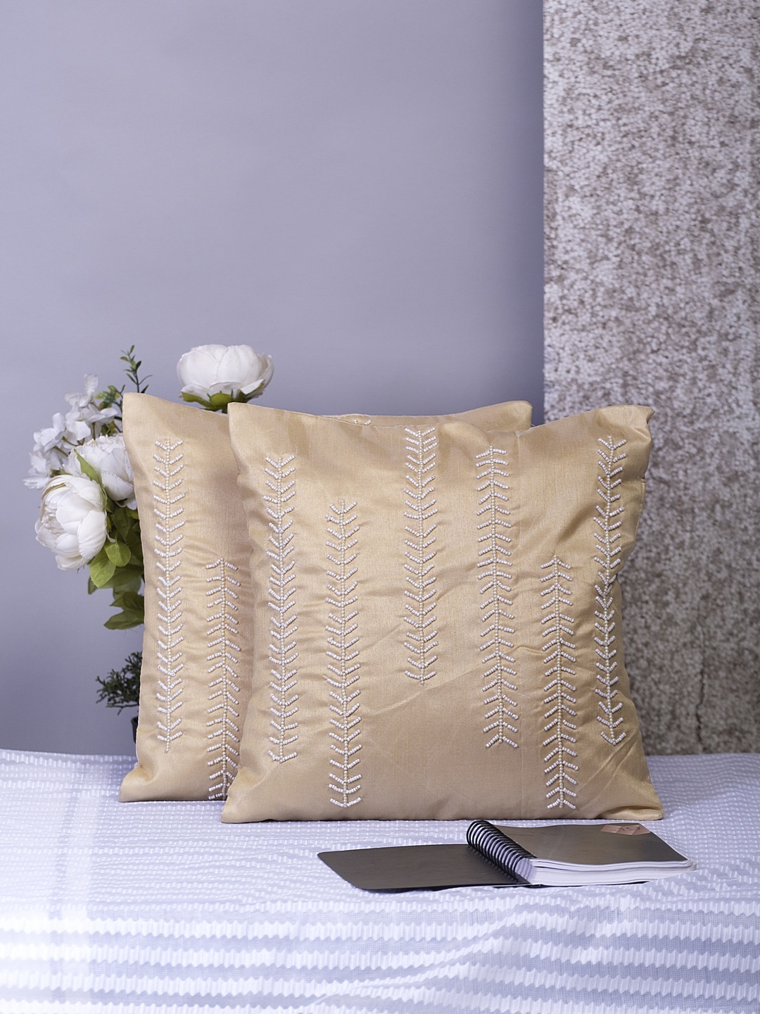 

Alina decor Beige & White Set of 2 Embellished Square Cushion Covers