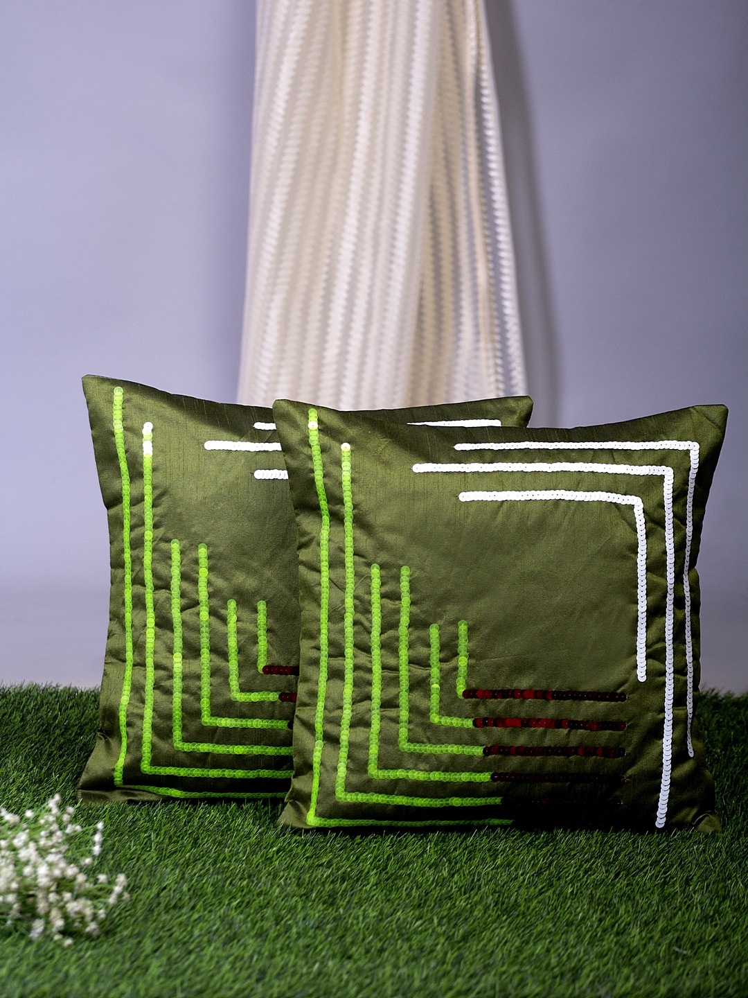 

Alina decor Green Set of 2 Embellished Square Cushion Covers
