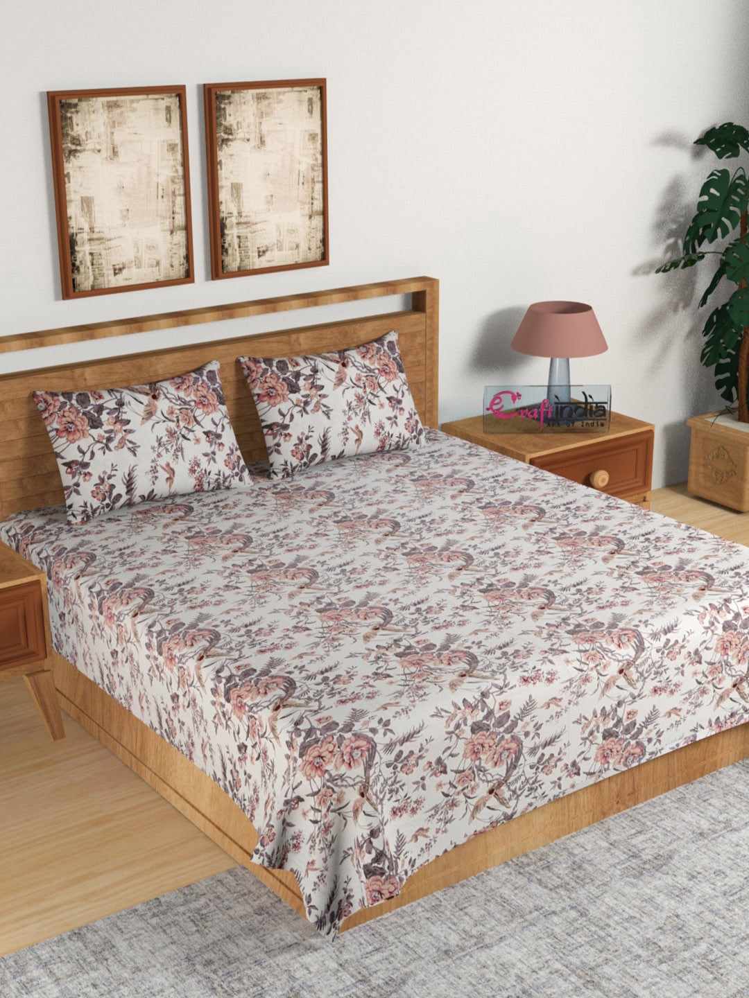 

eCraftIndia Off-White & Pink Floral 210 TC Cotton 1 King Bedsheet with 2 Pillow Covers